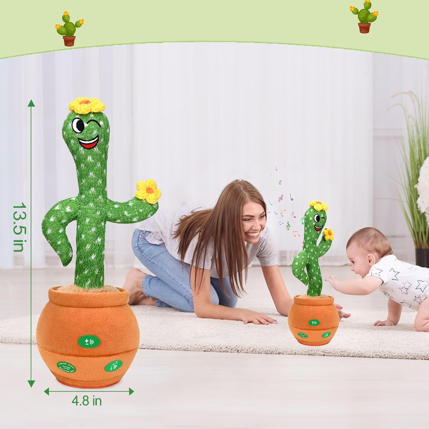 Talking Cactus Baby Toy, Singing Mimicking Repeating Tummy Time Toys with Music and Light, Infant Babies Toddler Kids Boy Girl Gifts, Recording, Dance, 60 English Songs, Repeat What You Say