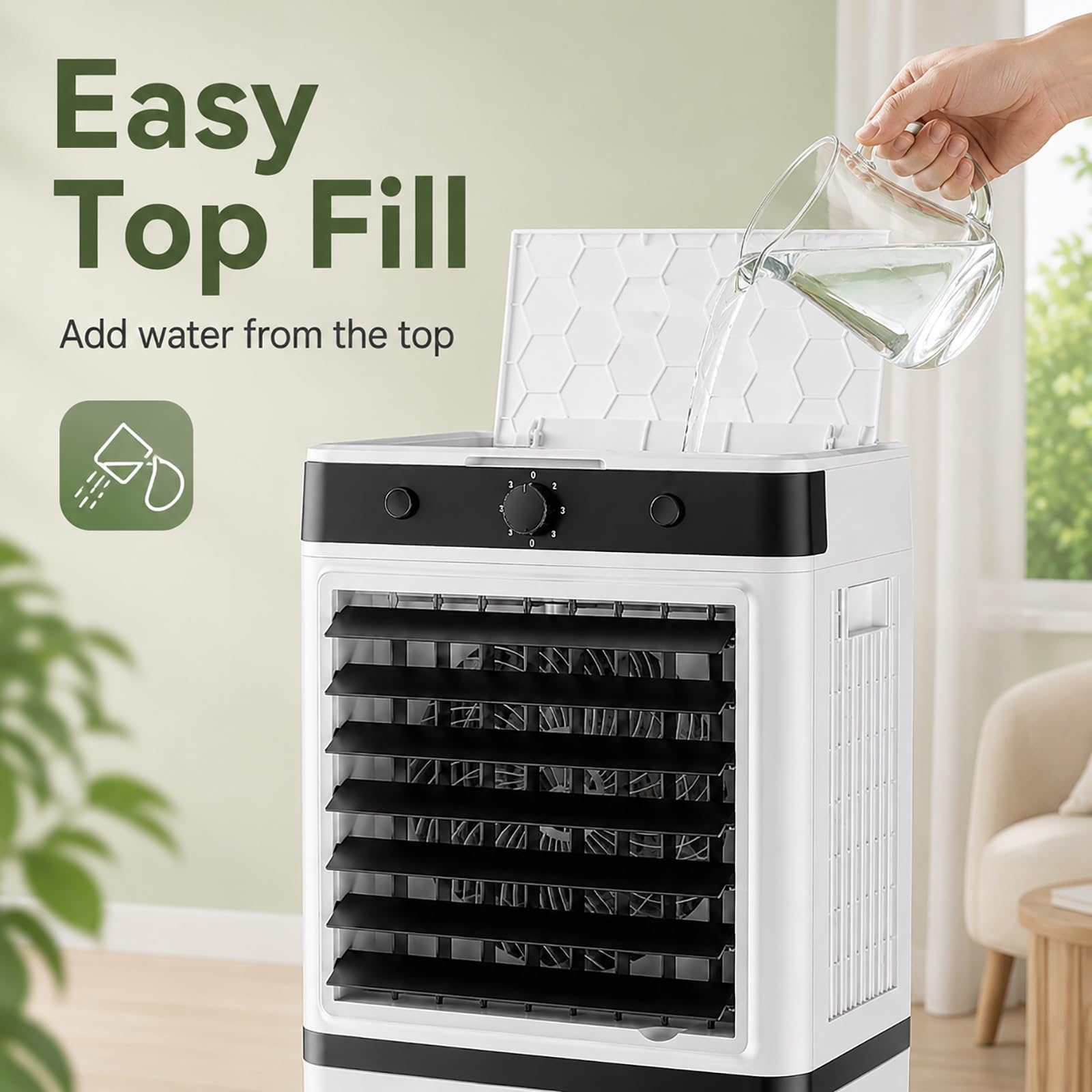 Climatizador Evaporativo Portátil, Enfriador de Aire Llenado Superior, Ideal para Hogar, Dormitorio, Oficina, Ventilación Interior