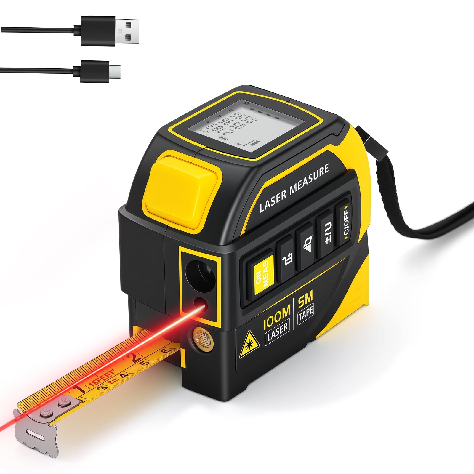 Cinta métrica láser digital 4 en 1 de 328ft / 100 m con cinta de 16ft / 5 m