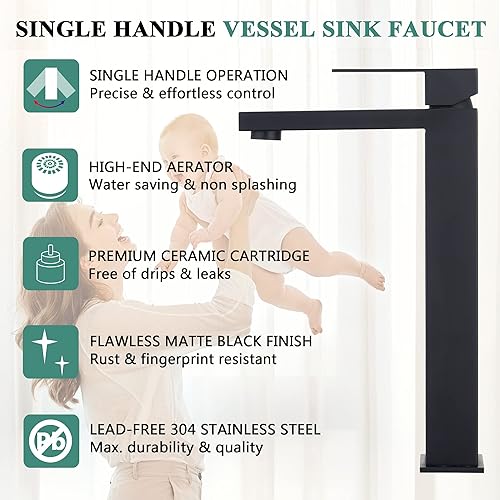 Miniatura 10 de Tohlar Grifo de lavabo de recipiente, grifo alto de baño, grifo de fregadero de níquel cepillado, moderno mango único de 1 orificio, montaje en