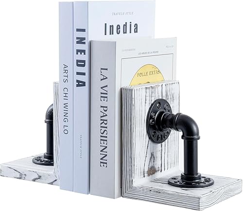 Miniatura 9 de MyGift Sujetalibros decorativos, extremos de libro de oficina para estante, soporte para libros en forma de L, madera maciza con diseño de tubo