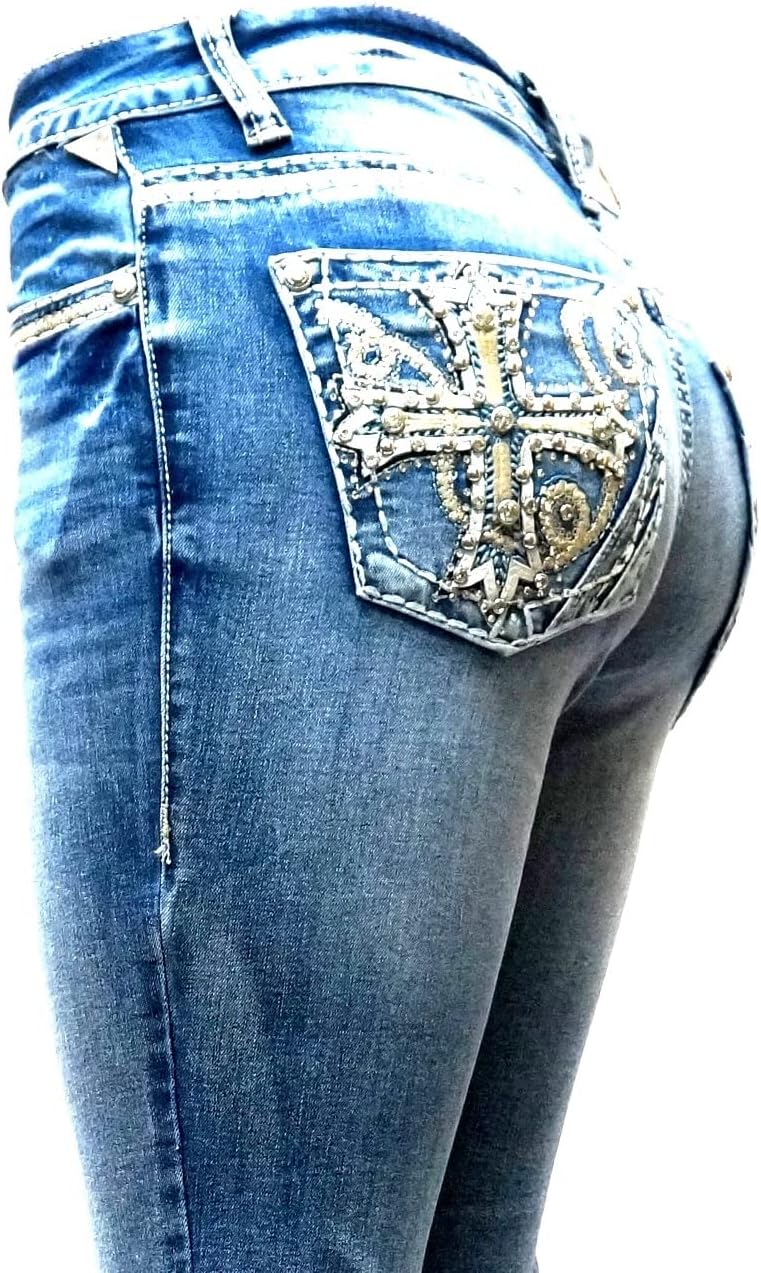 Jack David U-Cute Sweet Look Clash Jeans Women's Rhinestone Dark Wash Mid Rise Boot Cut/Skinny Denim Jean