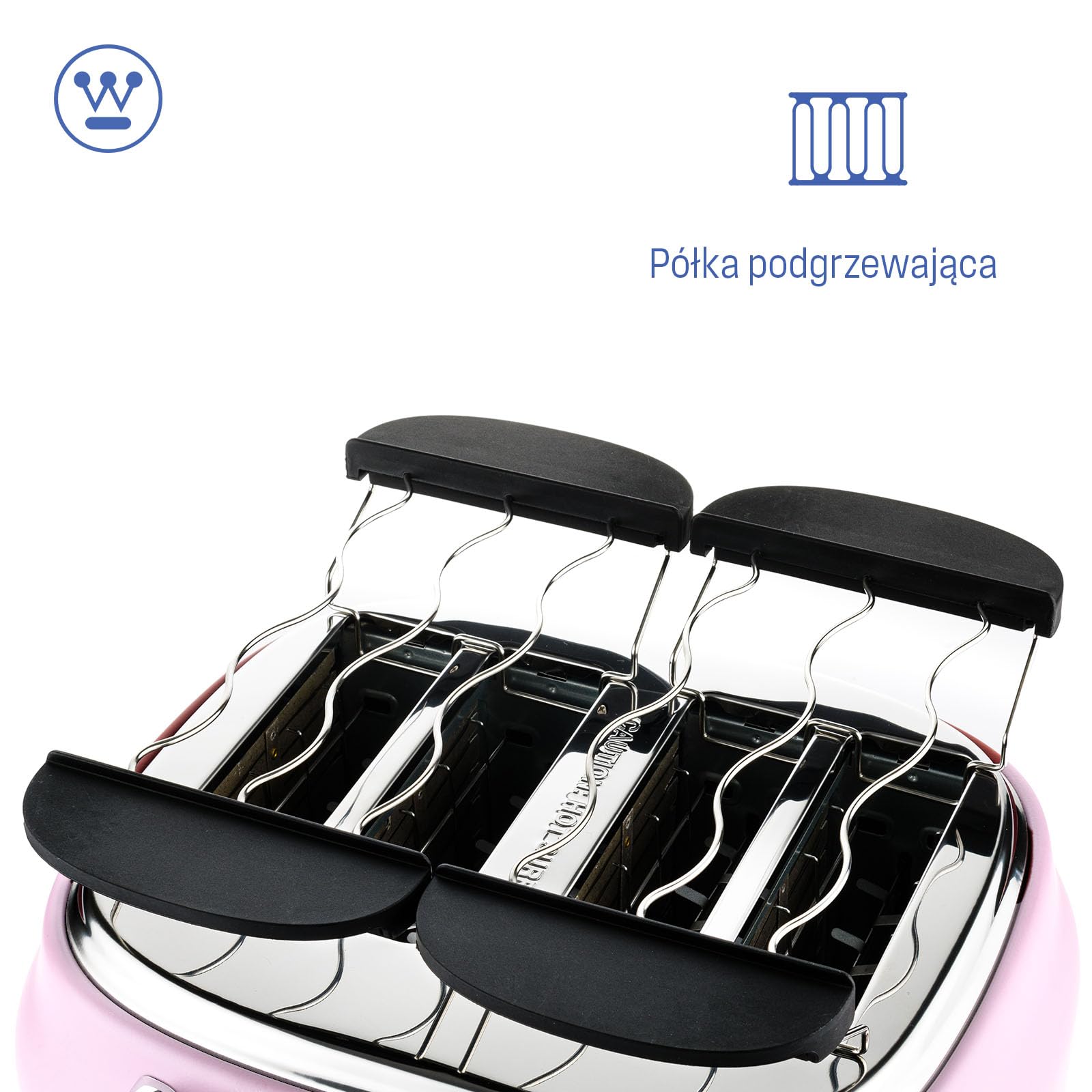 Westinghouse Retro toster, 4 kromki, bardzo szerokie szczeliny, ruszt do podgrzewania, 1750 W, różowy
