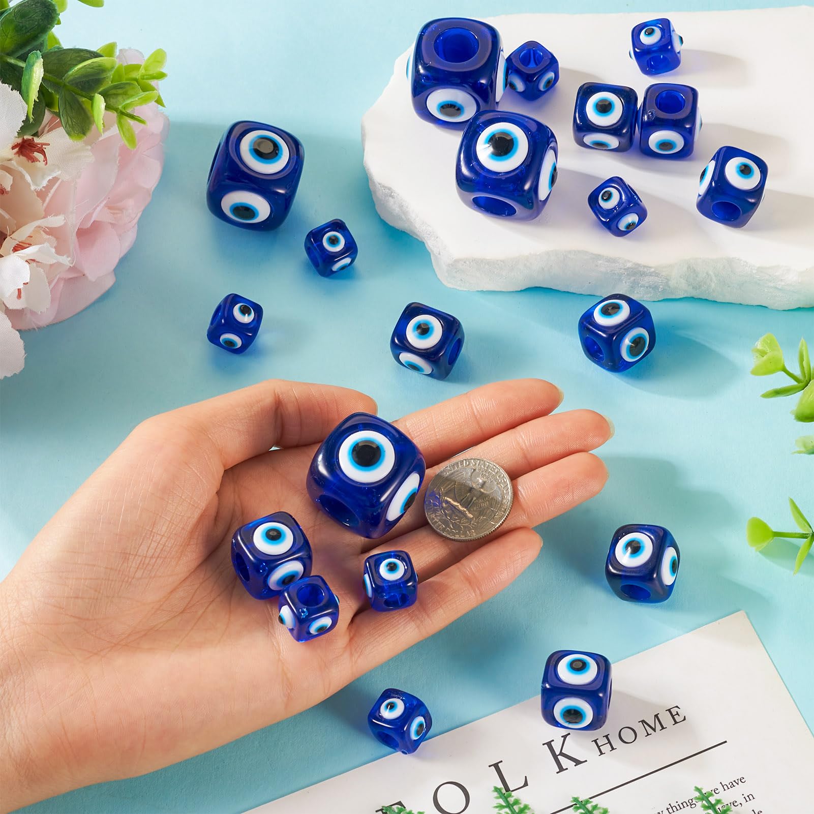 Spritewelry 20 perline cubiche in resina a forma di occhio di malocchio, con foro grande, blu, quadrate, europee, per artigianato fai da te, collane, orecchini, bracciali, gioielli, blu scuro