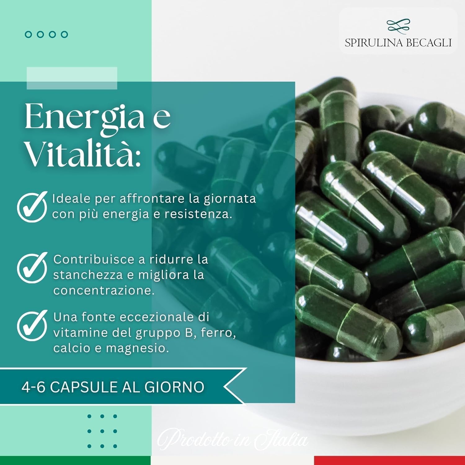 Spirulina Biologica in Capsule – Integratore Alimentare 100% Vegetale – Coltivata in Toscana – Fonte Naturale di Proteine e Vitamine – BECAGLI (180 Capsule)