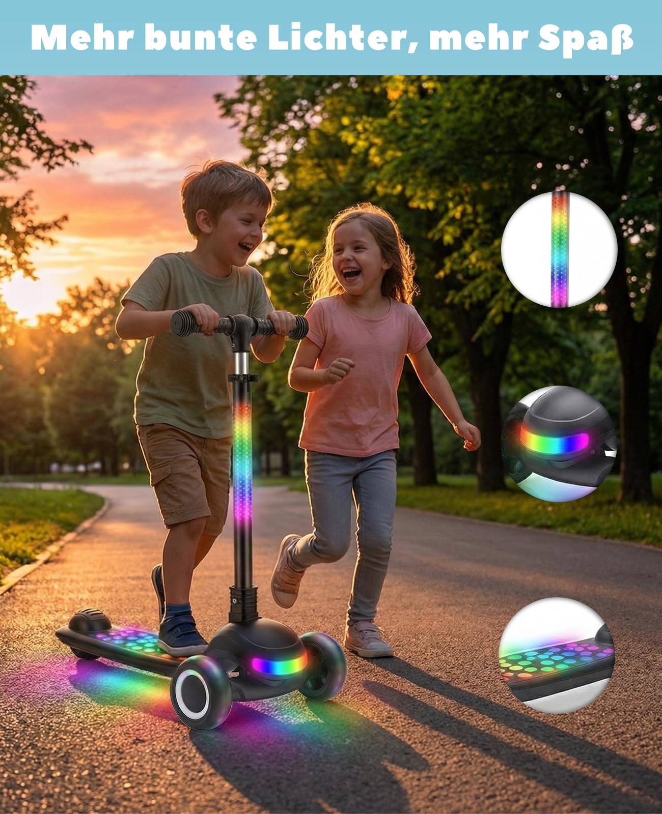 Kinderscooter (3–10 Jahre), Faltbarer Roller mit LED-Leuchträdern und -Trittbrett, 4-stufig höhenverstellbar, Rutschfestes Trittbrett
