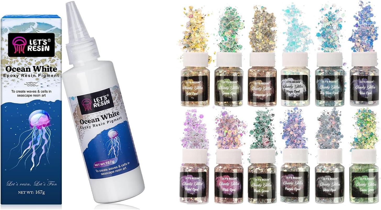 Bundle Opal Chunky Glitter and Ocean White Resin Pigment