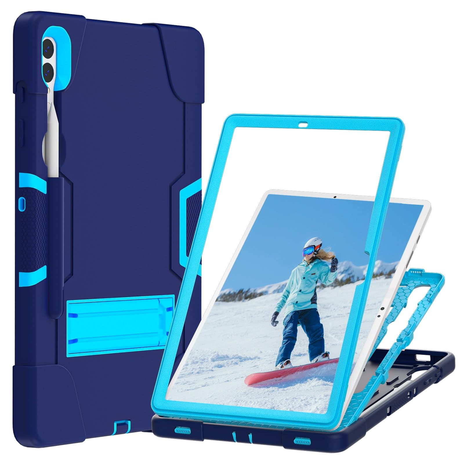 Do Samsung Galaxy Tab S9 Plus/Tab FE Plus SM-X810/X818U 31.5 cm (2023) etui silikonowe do tabletu z podpórką, wytrzymałe, odporne na wstrząsy, wytrzymałe etui ochronne (granatowe + niebieskie)