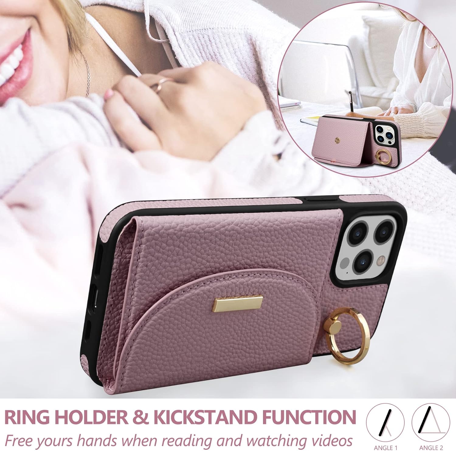 Keallce Wallet Case for iPhone 12 Pro Max 6.7'', Flip Case with Card Slots, Ring Holder Kickstand, PU Leather Protective Folio Cover for Women, Pink