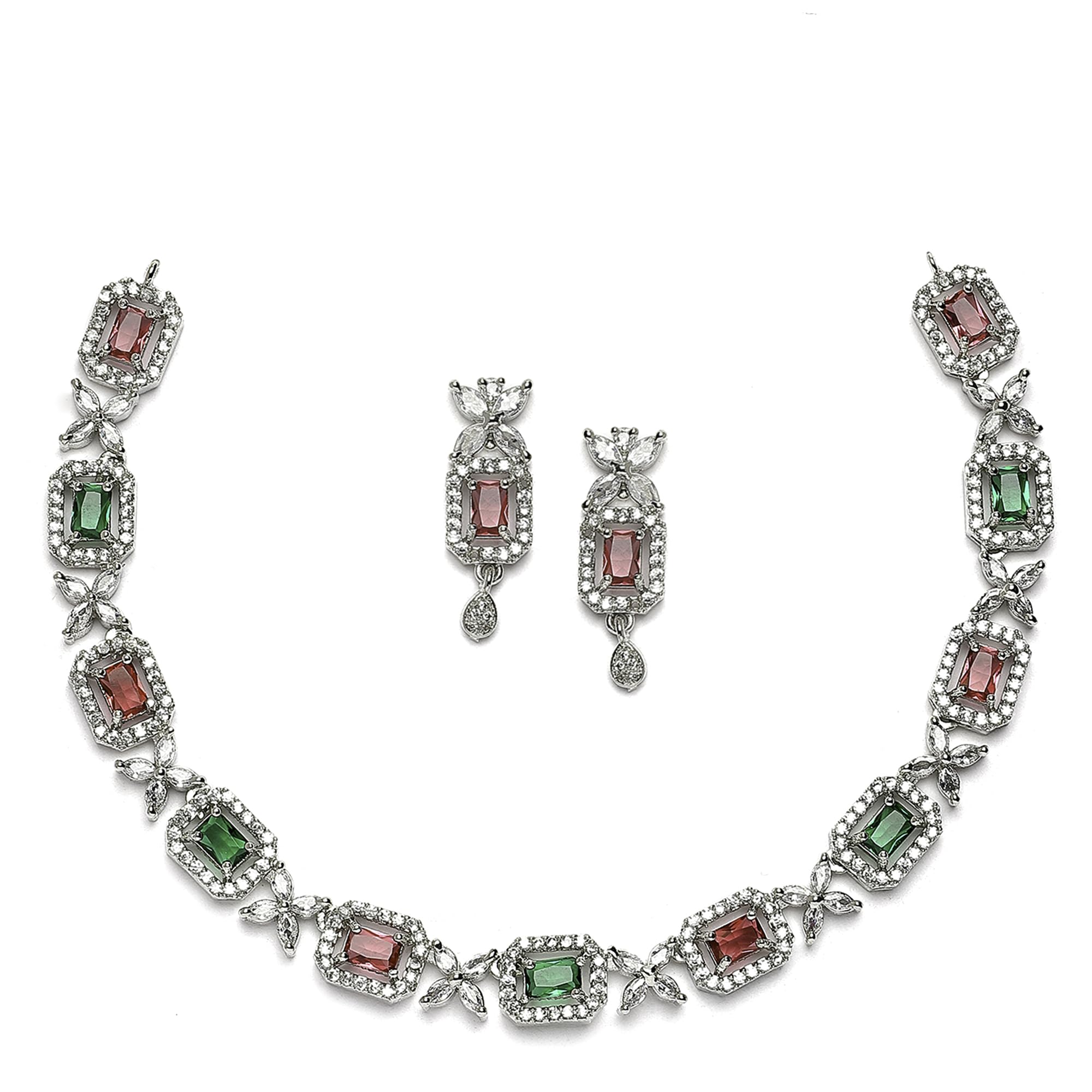 ZENEME Rhodium-Plated American Diamonds Studded Cubical Necklace With Earrings Jewellery Set For Girls and Women (Red & Green) (B0CGSGVB1W) Amazon Price History, Amazon Price Tracker