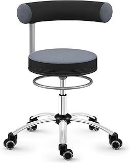 SANUS®-Gesundheitsstuhl | Rollhocker mit 360° Lehne, Fester Lehne, Sitzhöhe (42-51 cm), Stoffbezug grau/schwarz, Rollstopp-Rollen. Ergonomischer Bürostuhl, Erzieherstuhl