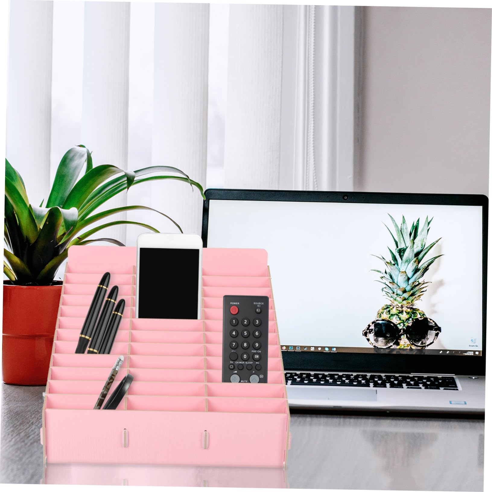 ORFOFE Wooden Desktop Storage Box with Compartments Multi Grid Organizer for Home Office School Sundries And Smartphone Holder