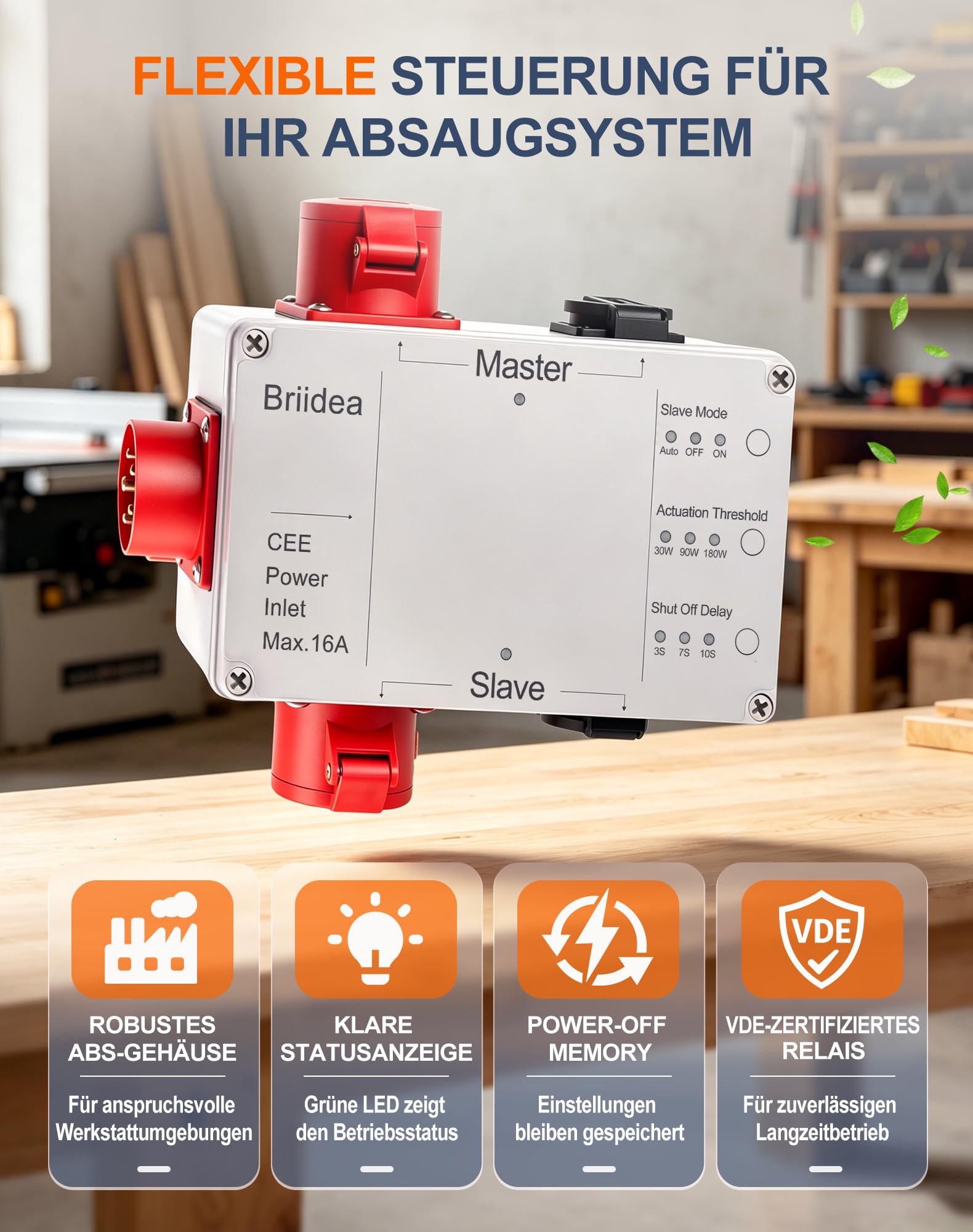 Einschaltautomatik 3Ph 400V & 230V, Mit 230V Schuko & CEE 16A 400V Anschluss, Auto/OFF/ON Modus, Einstellbare Verzögerung, Für Absaugung, CNC, Säge, Fräse & Holzwerkstatt, Automatische Gerätekopplung