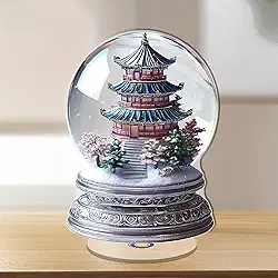 Globo de neve pagode com árvores nevadas, enfeite de acrílico giratório para alívio de estresse, adequado para decoração de casa. Ideia de presente para Natal, aniversário, aniversário, dia dos