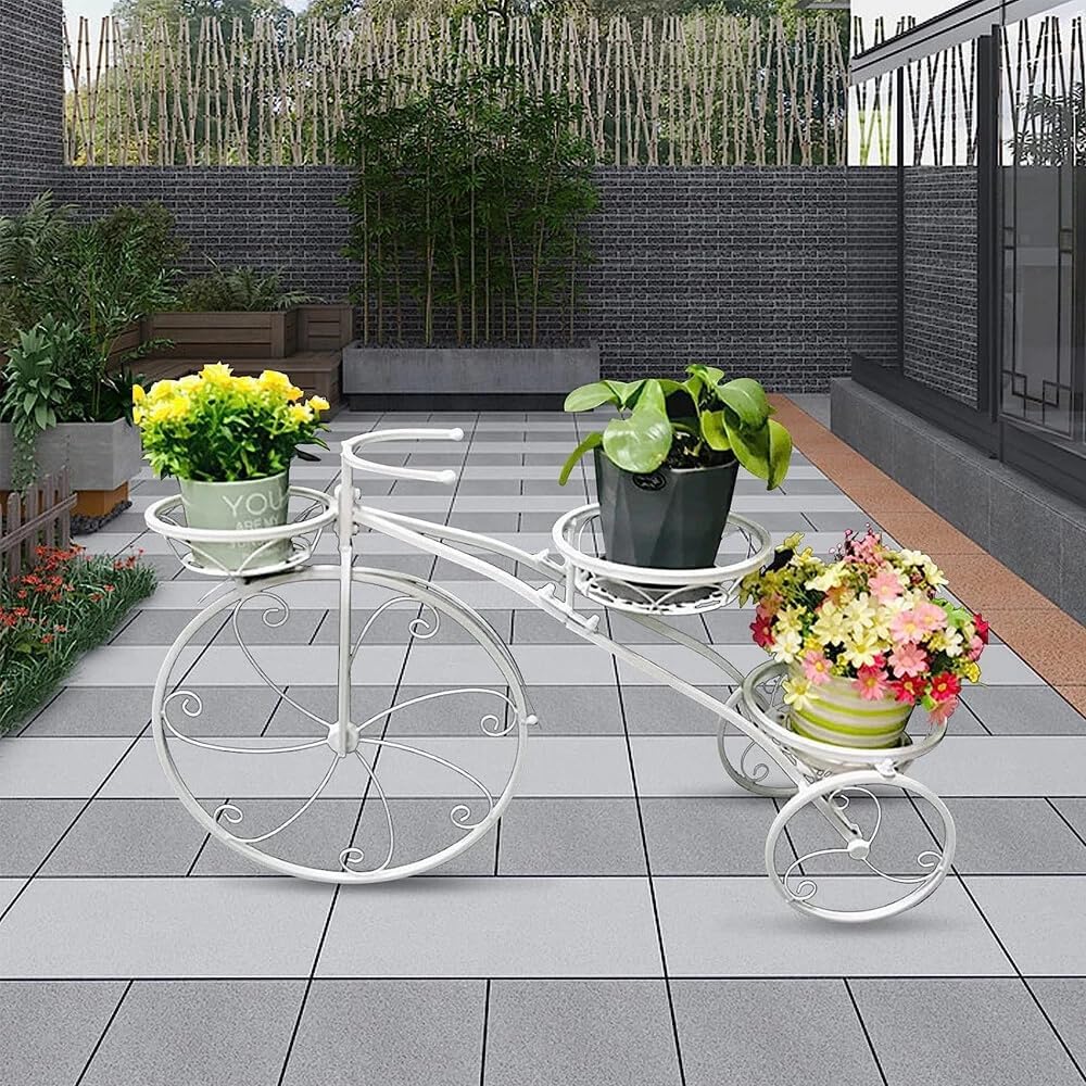 Three-wheeled Plant Stand, Iron Plant Stand with 3 Baskets, Bike Shape Plant Corner Shelf, Plant Display Rack Decor for Outdoor, Indoor, Entryway, Porches, Garden, Balcony (White)
