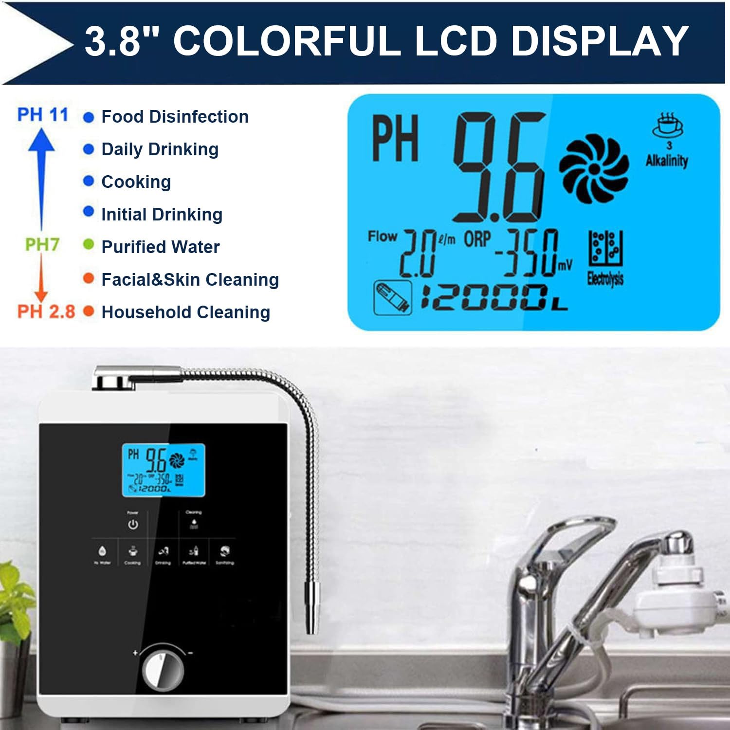 2000W Alkaline Water Ionizer with Auto-Cleaning Function, Water Purifier Machine, Alkaline Acid Water Machine with 3.8" LCD Smart Screen Black1