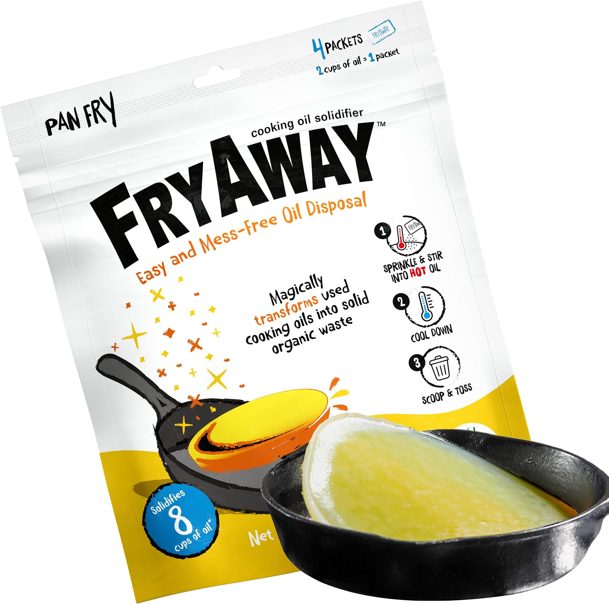 Fryaway Pan Fry Waste Cooking Oil Solidifier Powder, 100% Plant-Based Disposal, Solidifies Up To 2 Cups Of Per Use, (4Ct Package - 8 Cups/2 Liters)