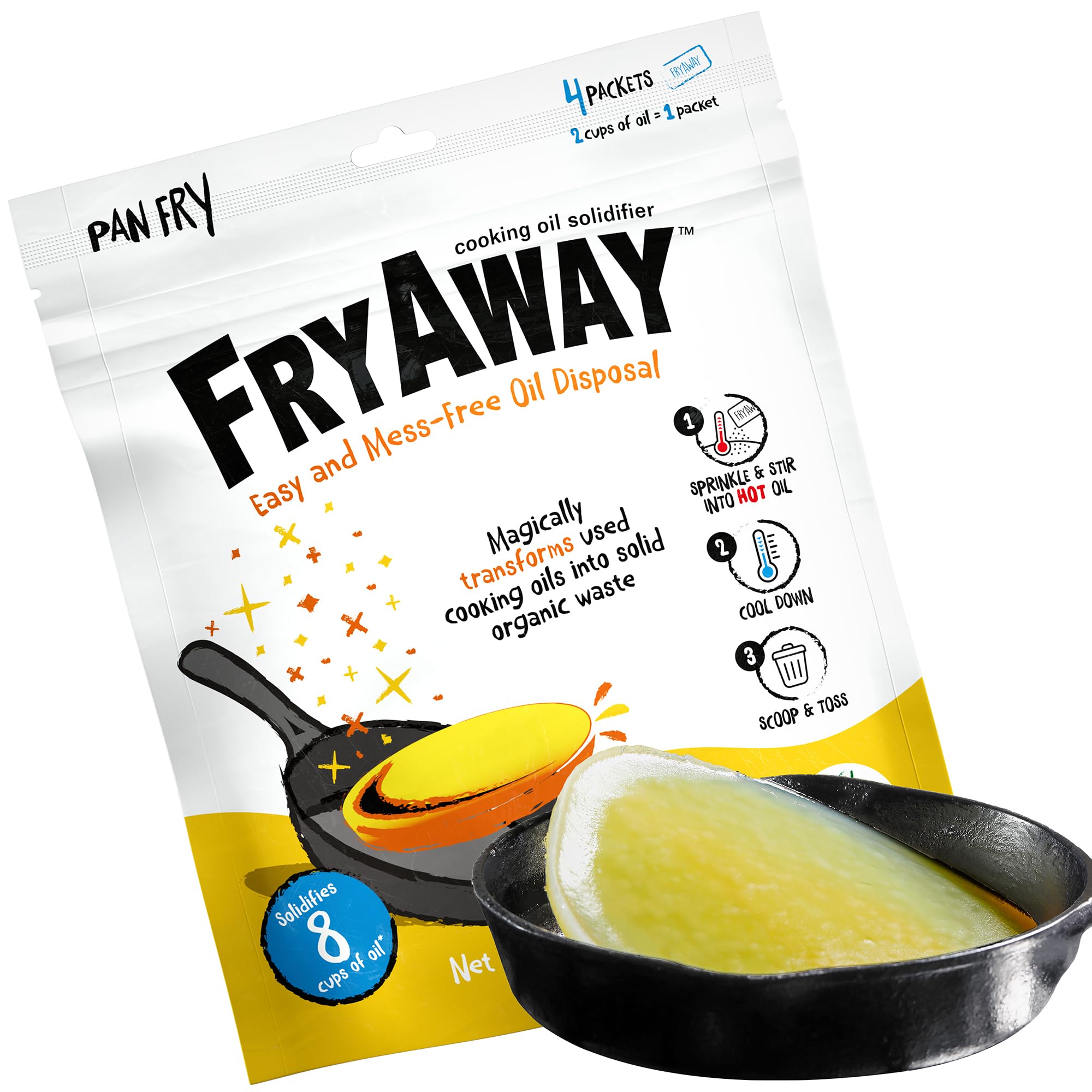 FryAway Pan Fry Waste Cooking Oil Solidifier Powder, 100% Plant-Based Cooking Oil Disposal, Solidifies Up to 2 Cups of Oil per use, (4ct per Package - 8 Cups/2 Liters)