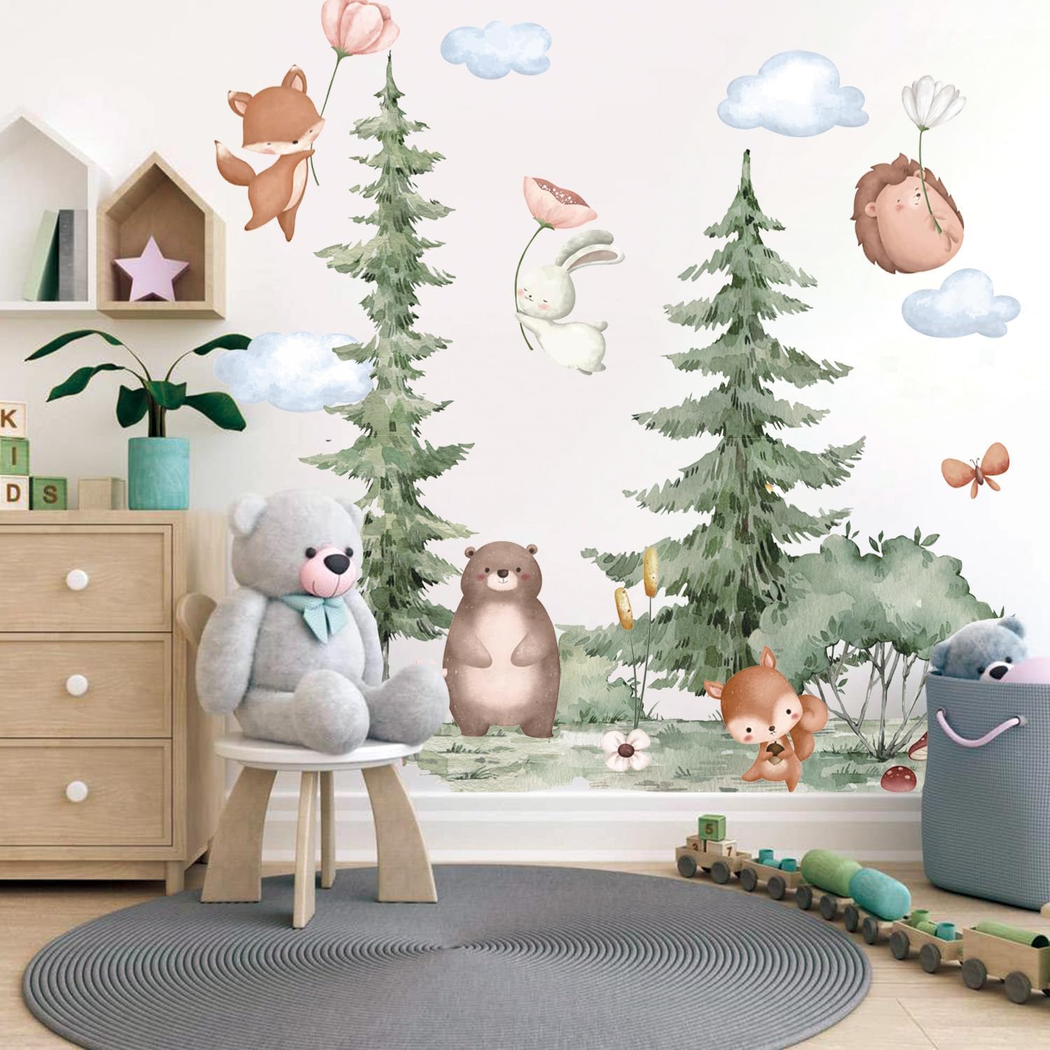 ANHUIB Large Pine Tree Wall Stickers Forest Animal Bear Fox Peel and Stick Wall Art Decals Woodland Animals Wall Stickers for Kids Room Baby Bedroom Nursery Animal Wall Decals Boys Girls Room Decor - Image 4