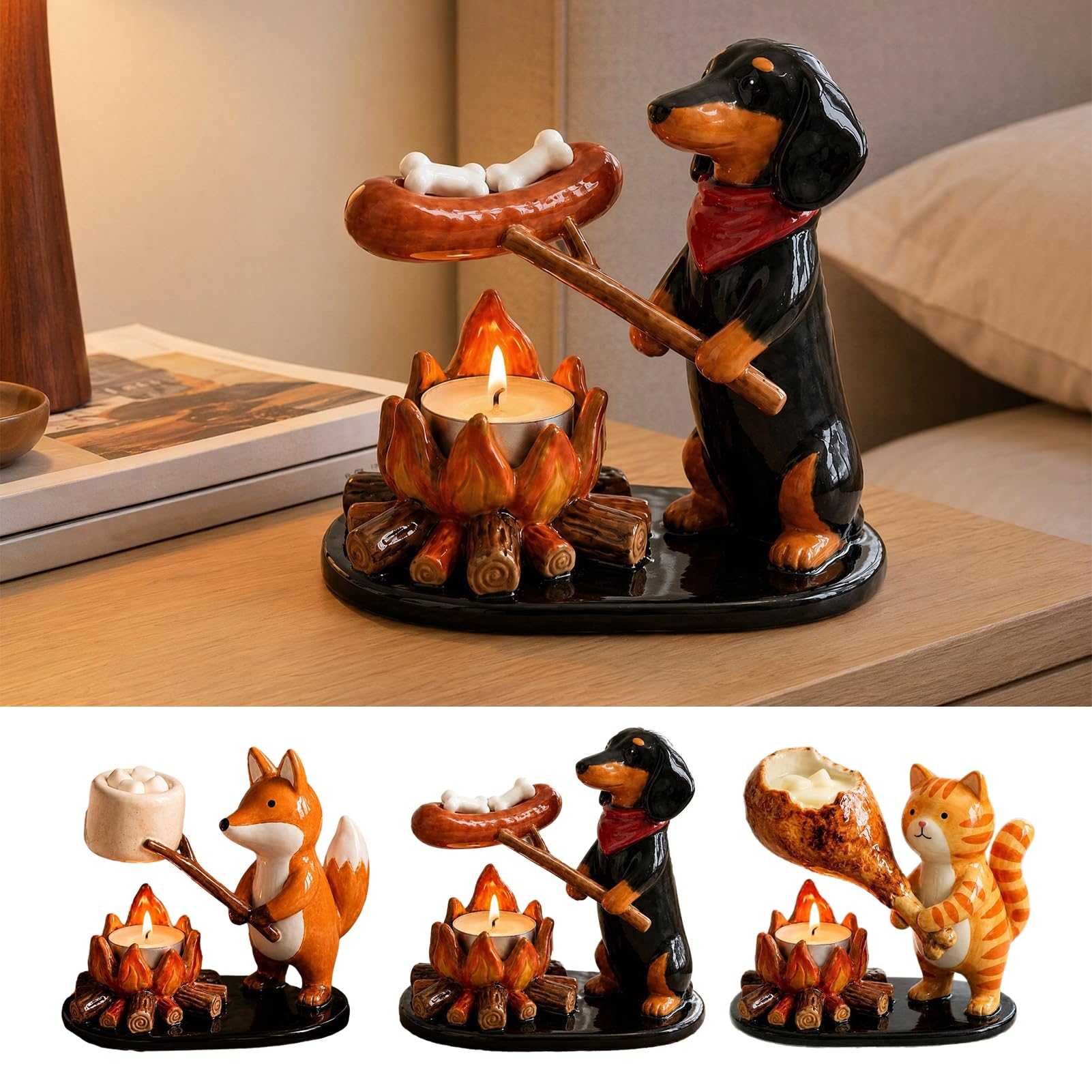 Quoravel Campfire Animal Tealight Holder, Durable Resin Candle Holder, with Cat Fox And Dachshund Figurines, Warm Cozy Atmosphere Decorative Candle Stand Yellow A