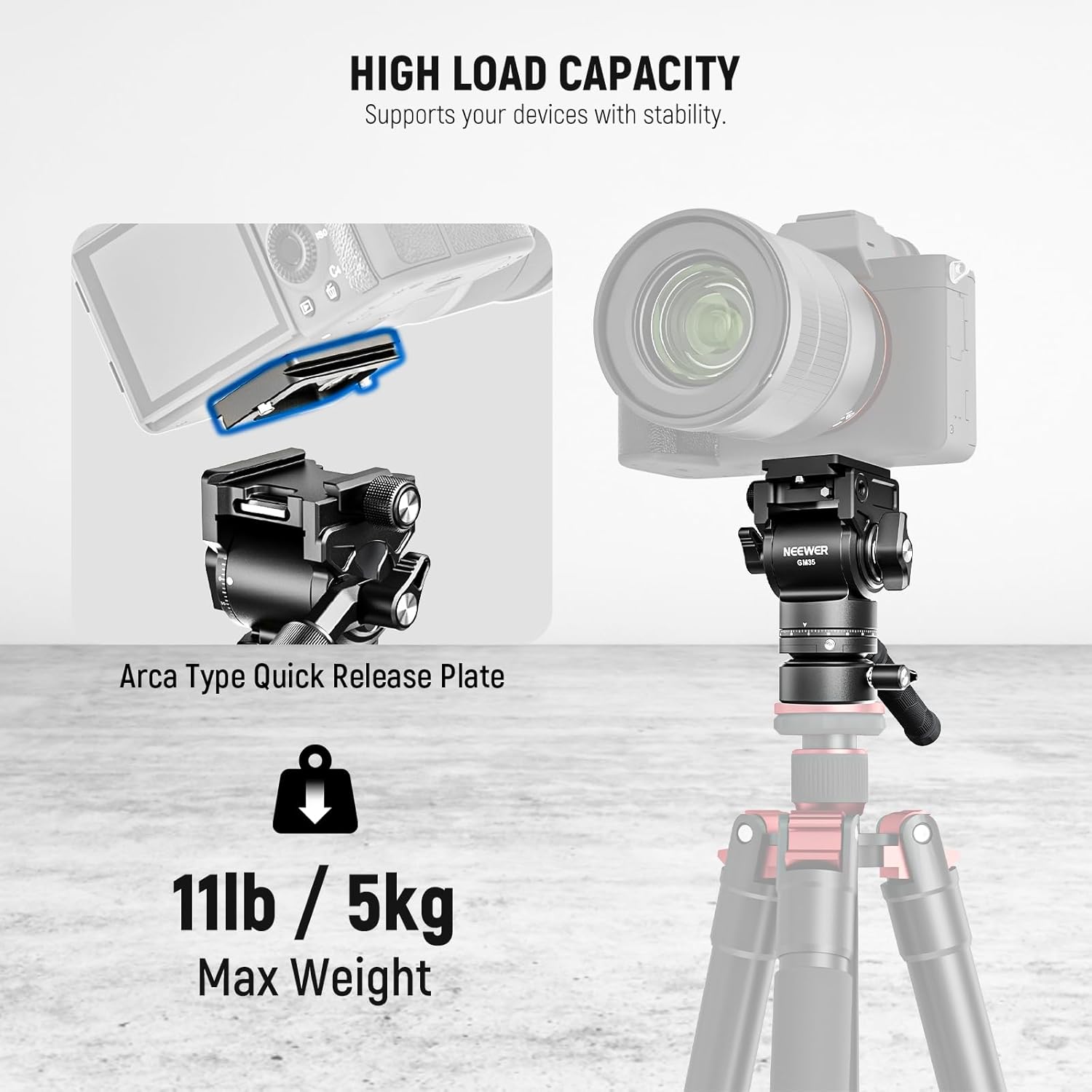 NEEWER GM35 Fluid Head supporting a camera on a tripod, highlighting its 11lb/5kg max load capacity.