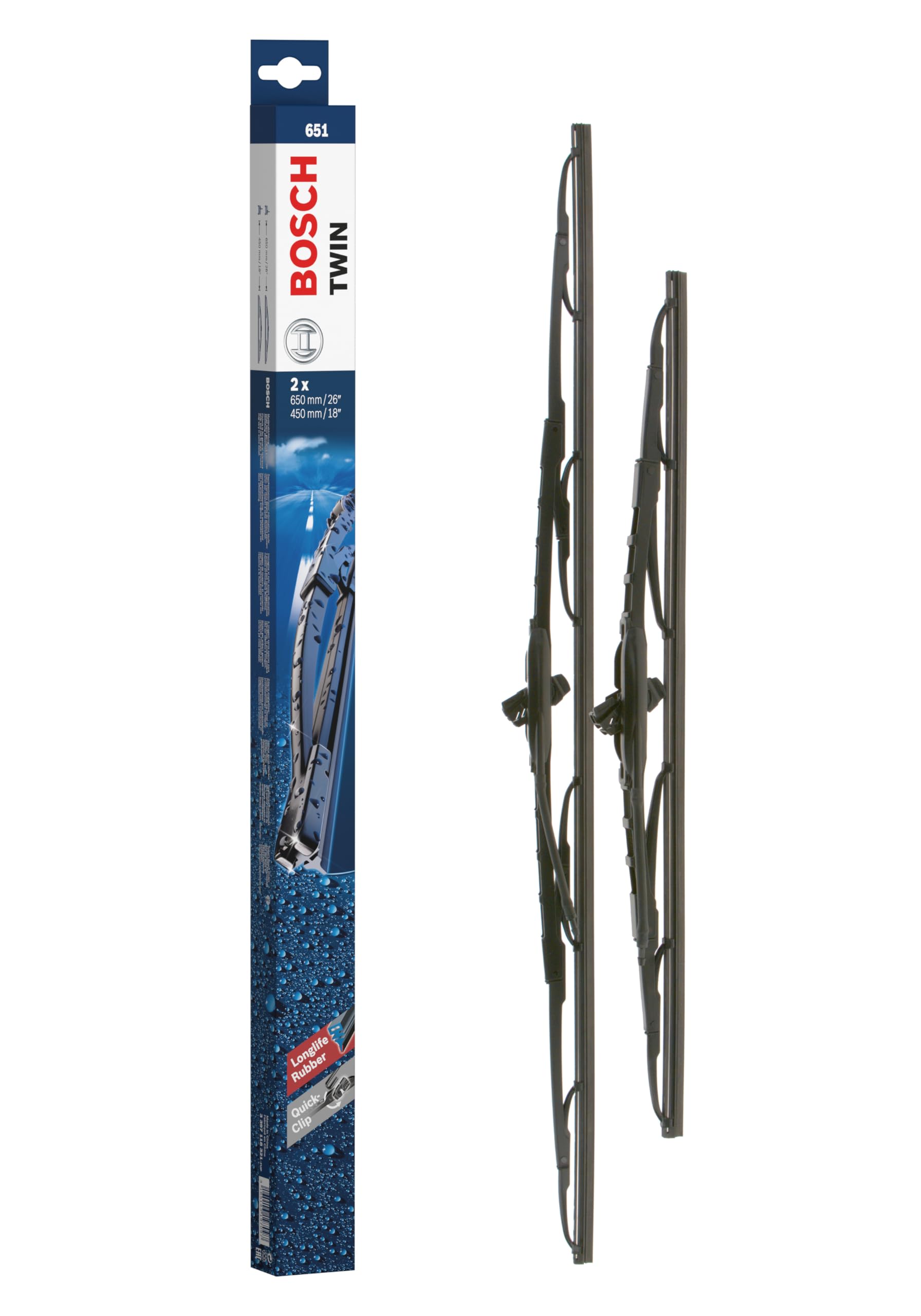 Bosch Balais d'Essuie–Glace Plats Conventionnel Twin 651, Longueur: 650mm/450mm – 1 Paire de Balais avant