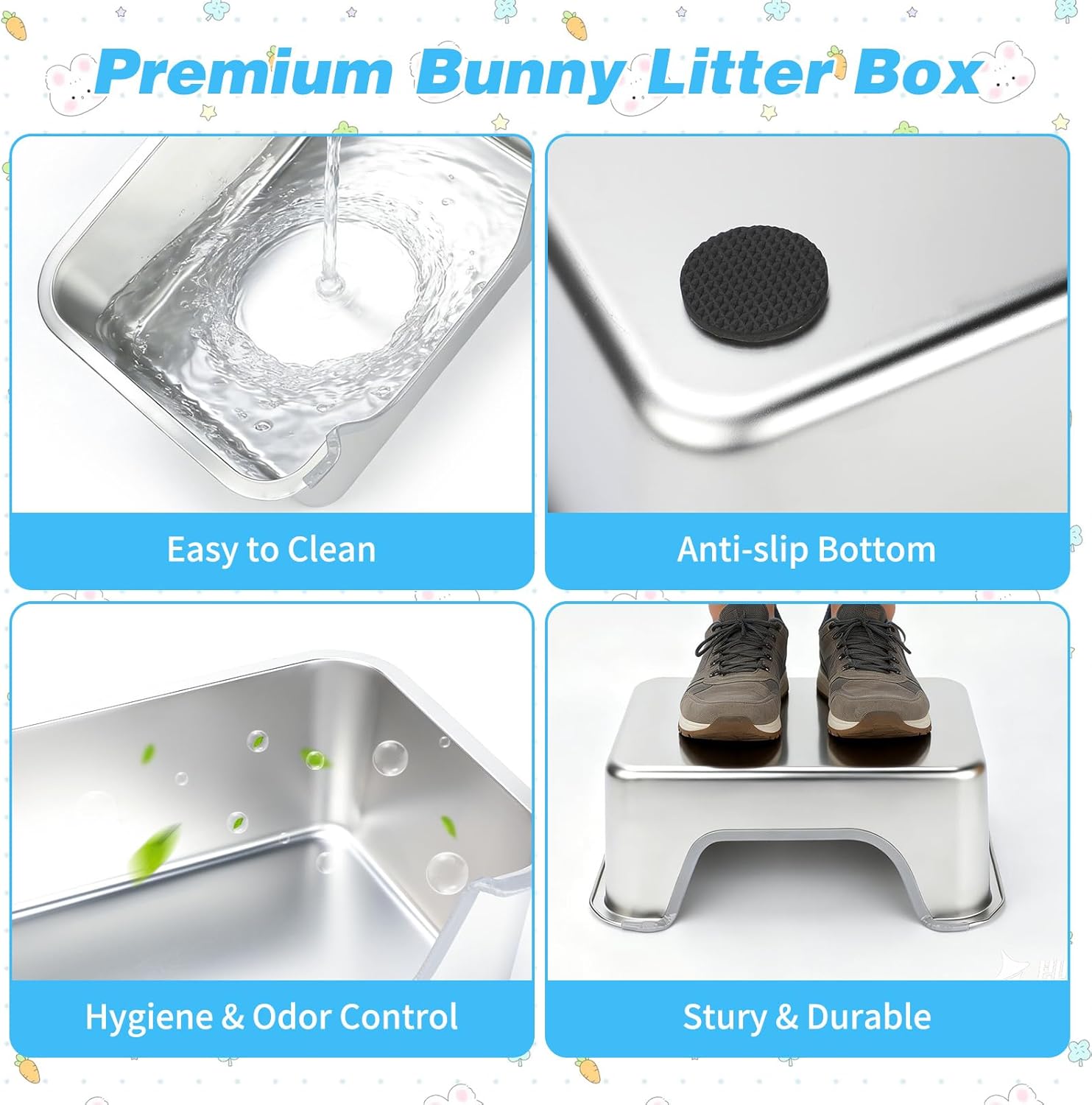 YUEPET 4-in-1 Large Rabbit Litter Box, Non-Slip Stainless Steel Litter Boxes with Sifting Grid & Hay Feeder Food Bowl, Easy Cleaning Bunny Litter Box with Odor Control for Rabbits Small Pets（S）