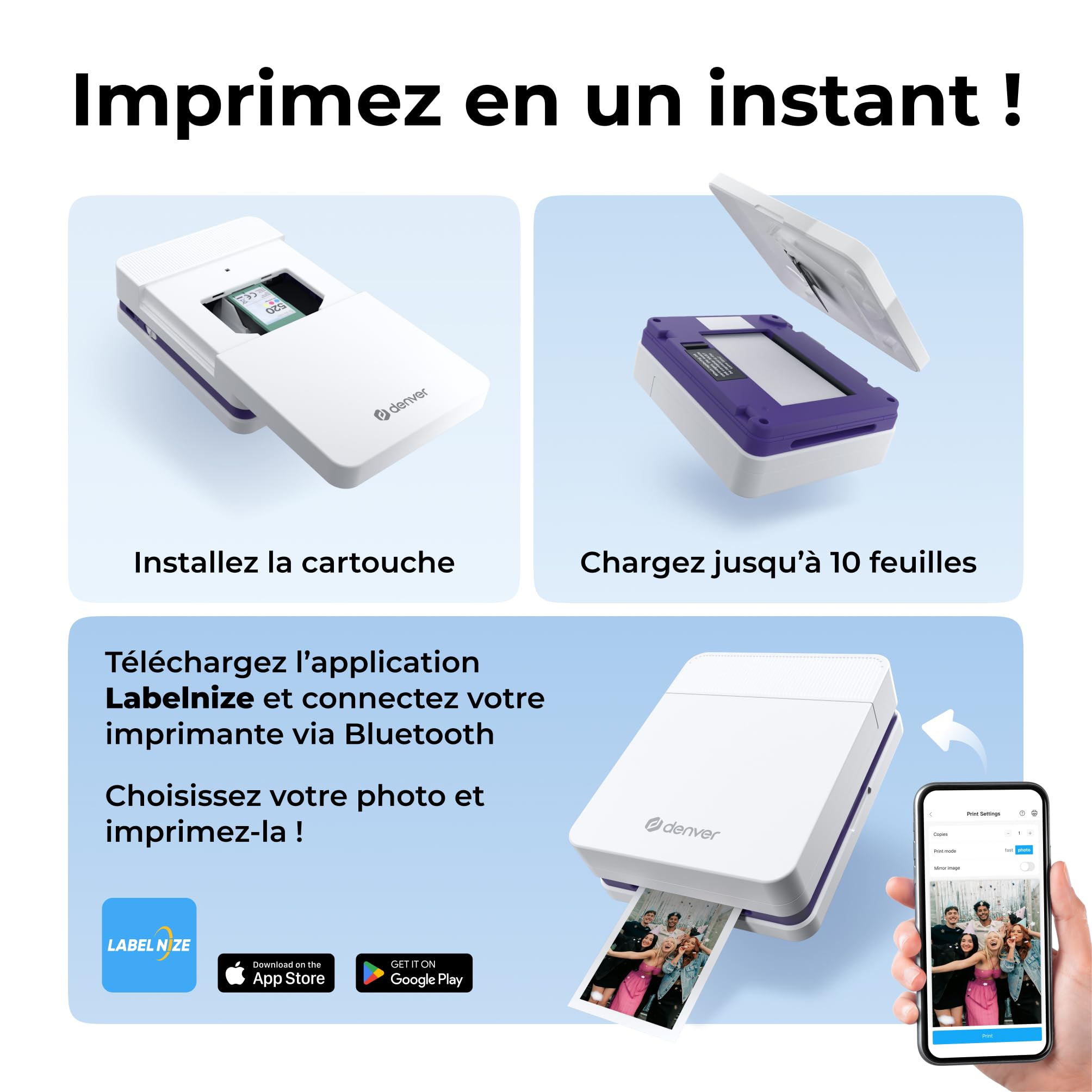 Denver MCP-6010 Mini imprimante photo pour smartphone, imprimante couleur mobile avec Bluetooth 5.2, 600 DPI, iOS et Android, imprimante photo portable avec batterie, incl. cartouche et lot de 20