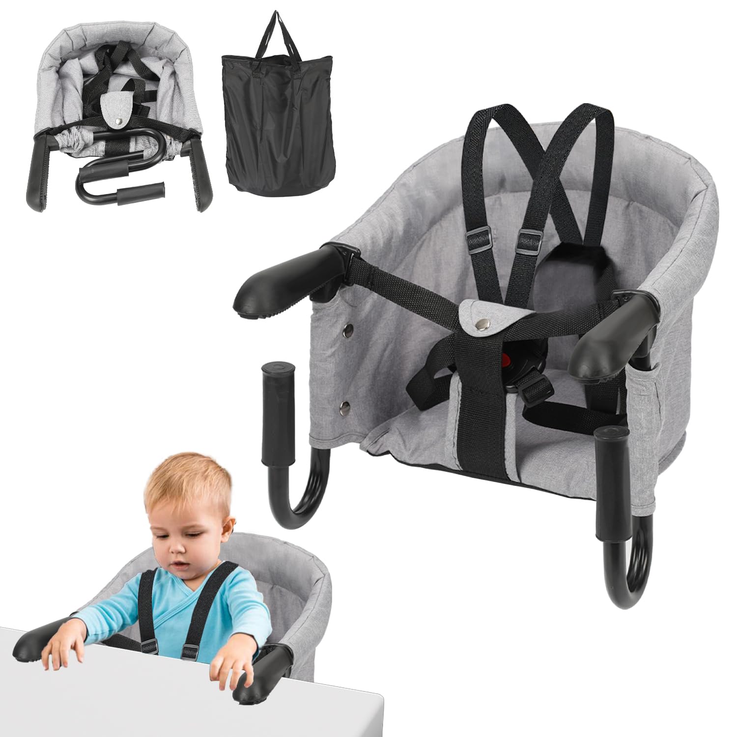 Daromigo Tischsitz Faltbar, Essstuhl, Tragbarer Hochstuhl, Sitzerhöhung für Baby, Mit Ablagetasche, Belastbar bis 18 kg, Für Zuhause und Unterwegs, Grau