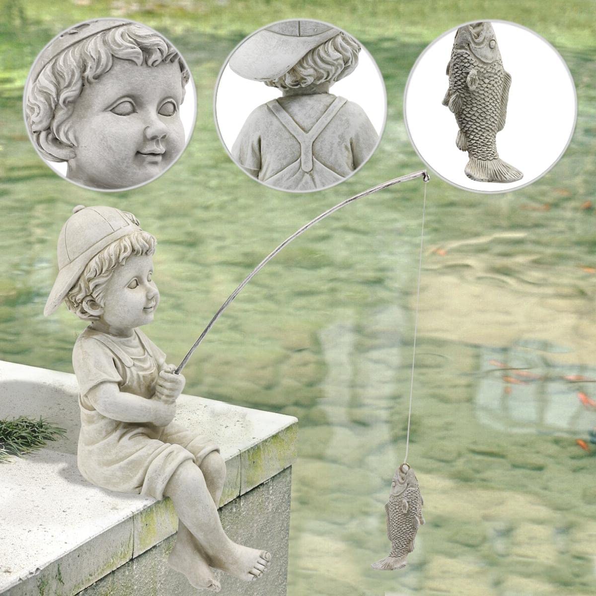 Yeomoo Angeln Little Boy Deko Gartenfiguren für Draußen, Lustig Kinder Fischer Figur Gartendeko für Wohnzimmer Teich Balkon Geschenke für Männer Frauen Mama Geburtstag Wasserdicht Feengarten Grau 28CM