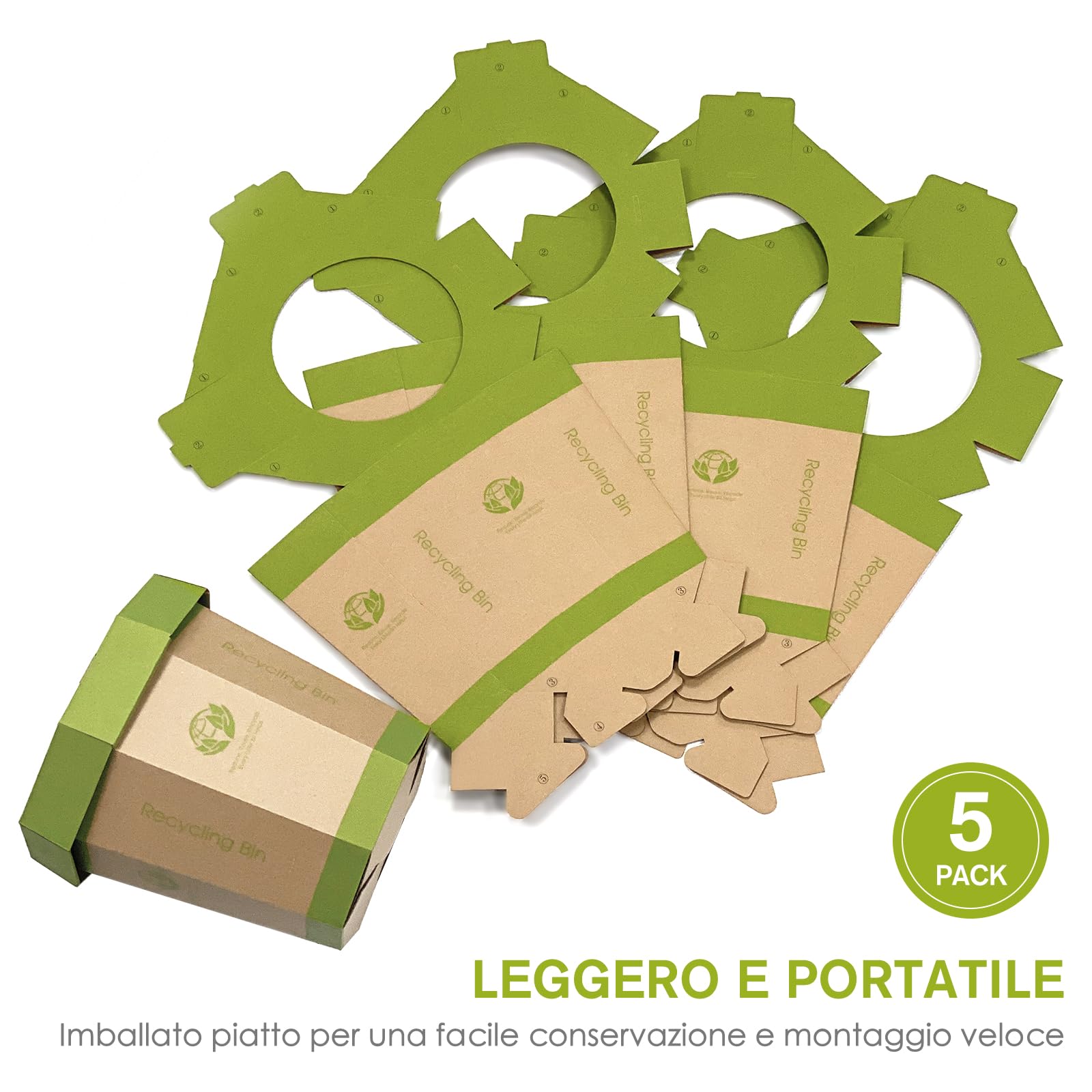 5-Pack Cestini di Cartone (12L) Riutilizzabili, Pieghevoli, Riciclabili, Senza Plastica- Cestini Spazzatura & Toilette di Emergenza per Bambini - Cestini per Ufficio, Camera da Letto, Uso in Movimento