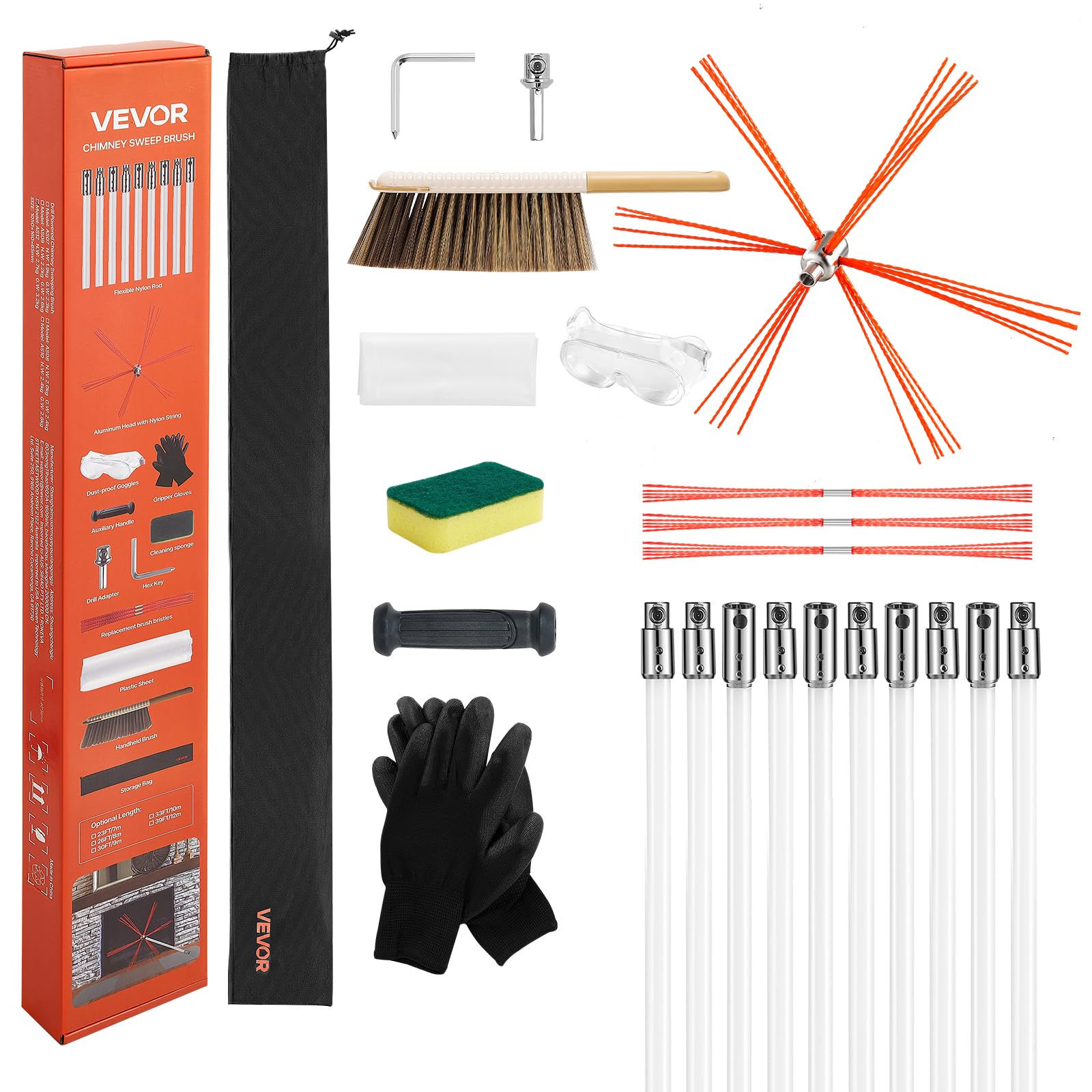 VEVOR Kit de Cepillo Limpieza de Chimenea, 10 m Varilla Flexible de Nylon, 3 Recambios de Cerdas, Guantes, Gafas, Bolsa, Deshollinador Flexible a 90° para Chimeneas Cuadradas Rectangulares y Arqueadas