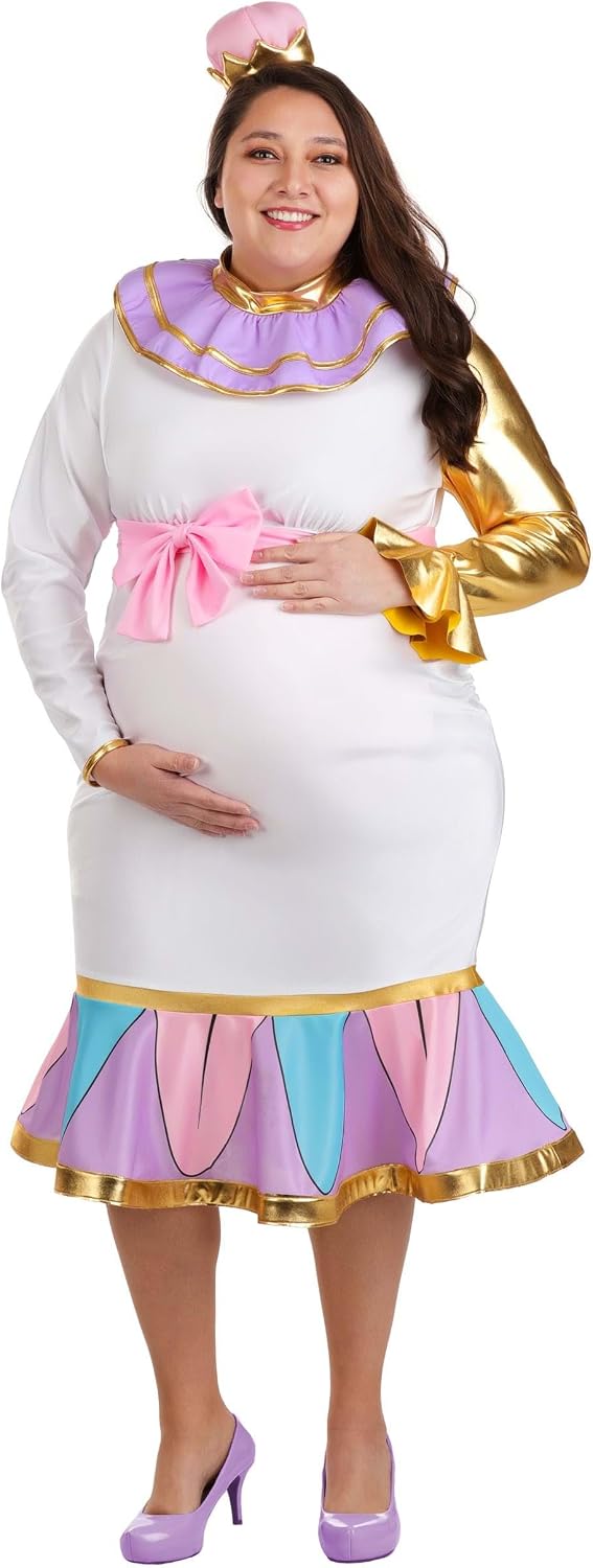 Womens Plus Size Disney Mrs Potts Maternity Costume with Dress, Collar, Hat, and Belt for Halloween Cosplay and Parties