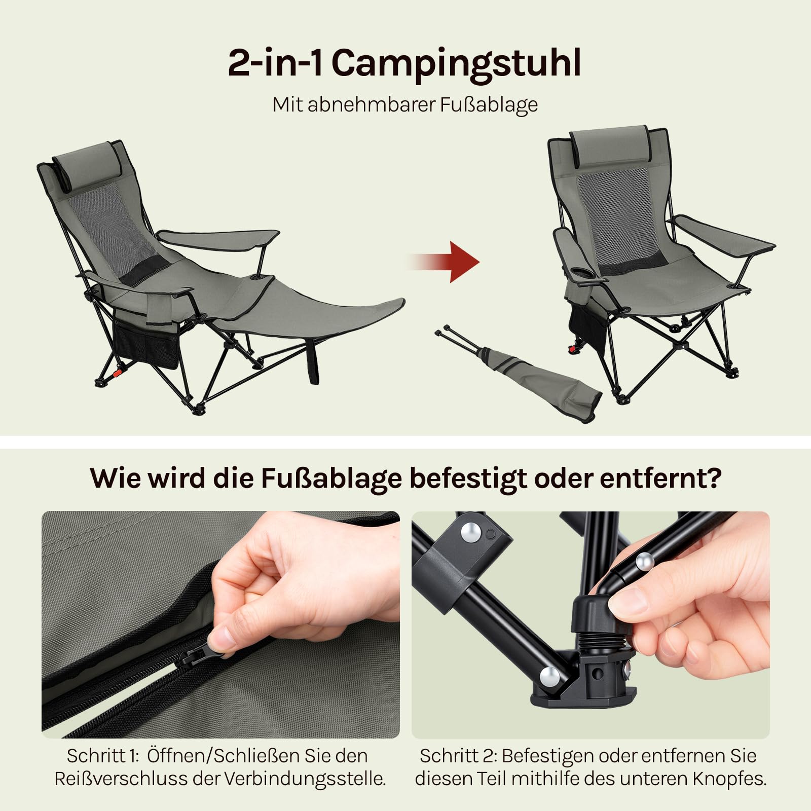 WOLTU Campingstuhl Faltbar 2er Set mit Fußablage, 3 Positionen Verstellbar, mit Getränkehalter Seitentasche, bis 150 kg belastbar, für Camping Angeln Picknicks Strand,Grau