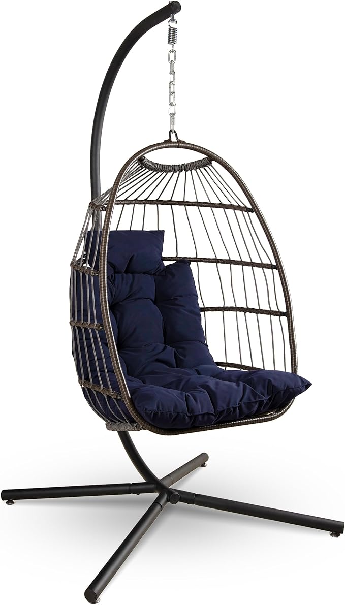 SereneLife Foldable Deep Blue Egg Chair with Stand Outdoor Indoor Rattan Wicker Hanging Swing Hammock with Waterproof Cushion and Headrest Heavy Duty Comfortable Sensory Seat for Patio Porch Garden