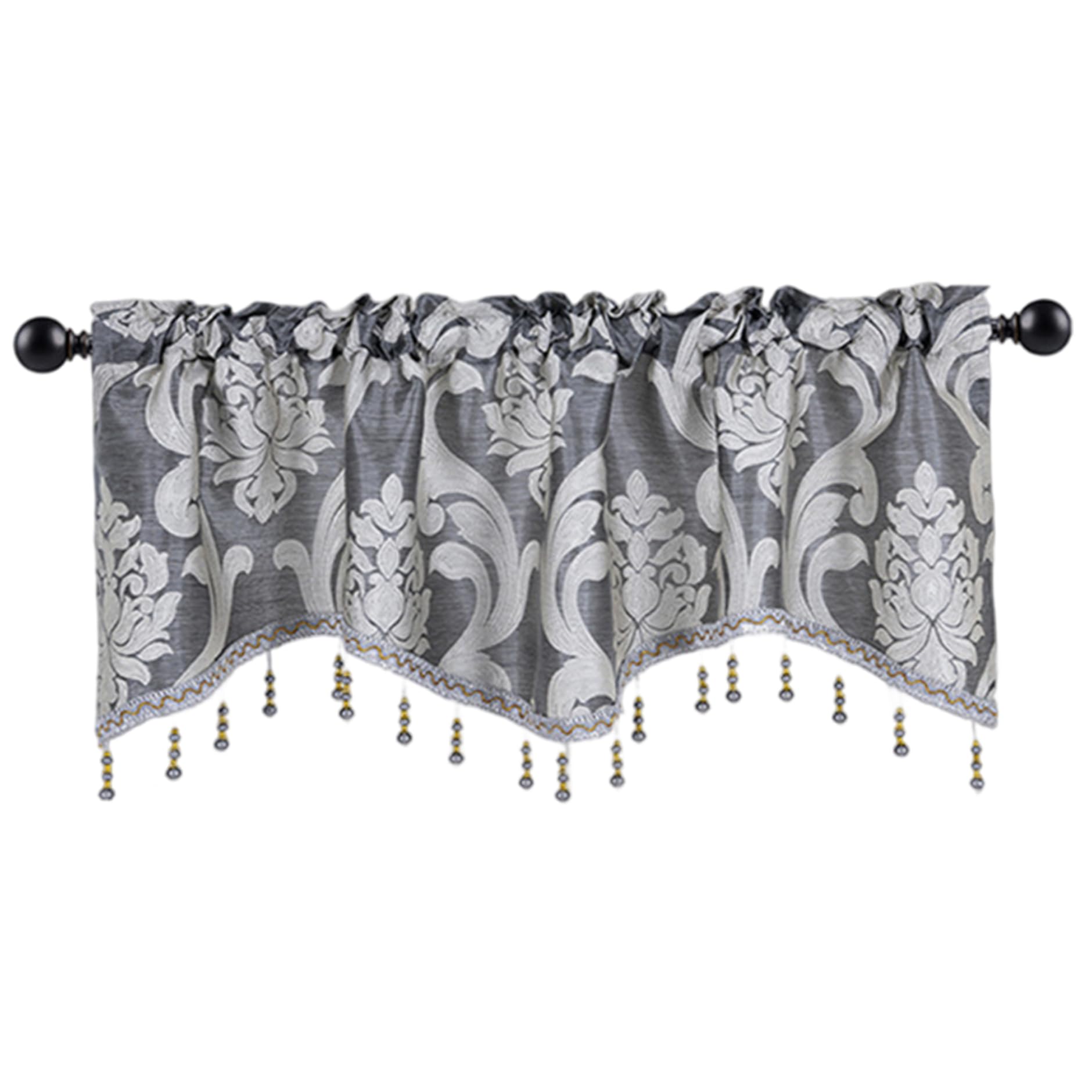 Cenefas festoneadas jacquard gris de 52x18 pulgadas con bolsillo para barra y borla decorativa