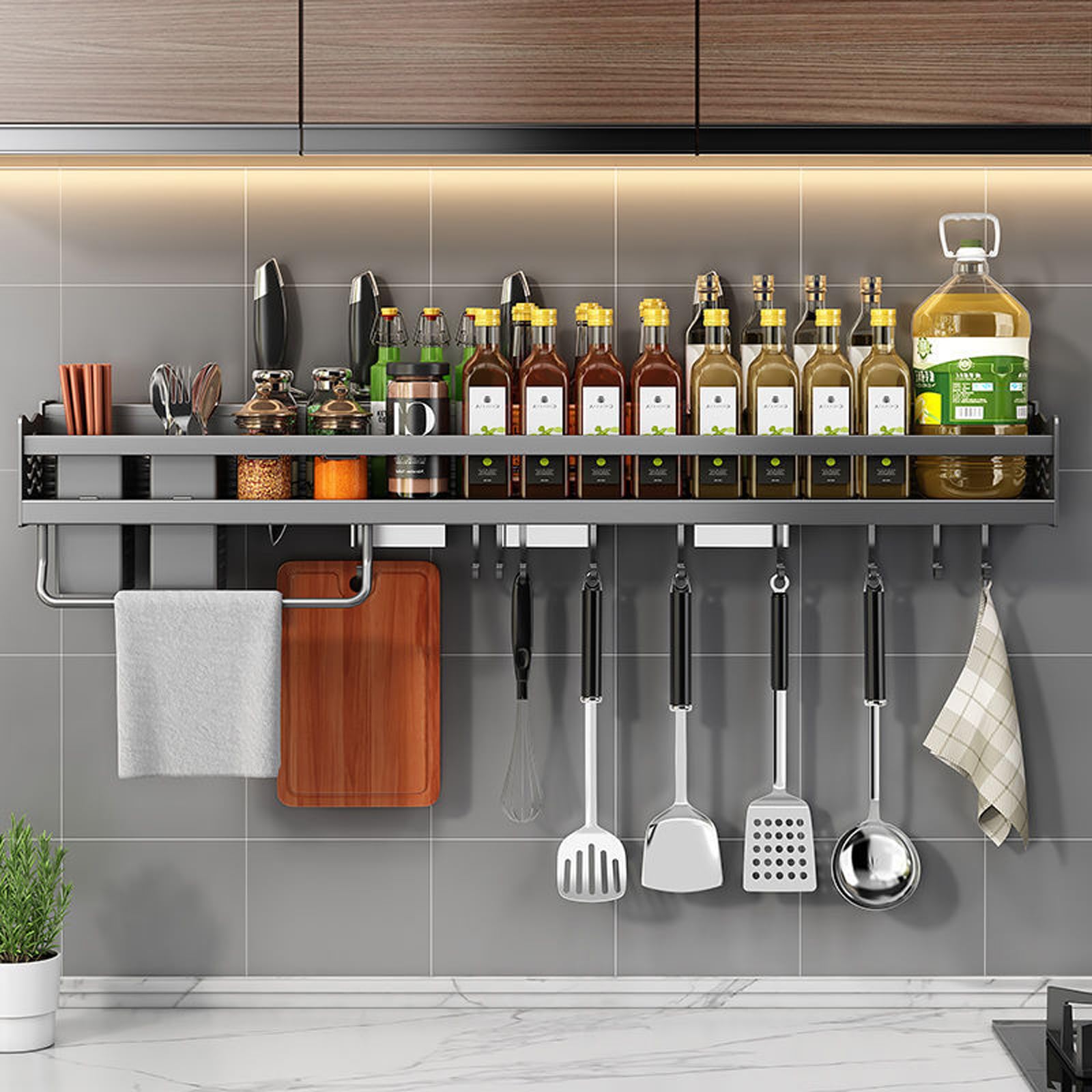 Etagere A Epices Murale Cuisine Rangement Epices Cuisine Porte Epices Mural Range Epice Etagere Cuisine Sans Percage En Aluminium Avec Porte-Couteau, Crochet,70CM