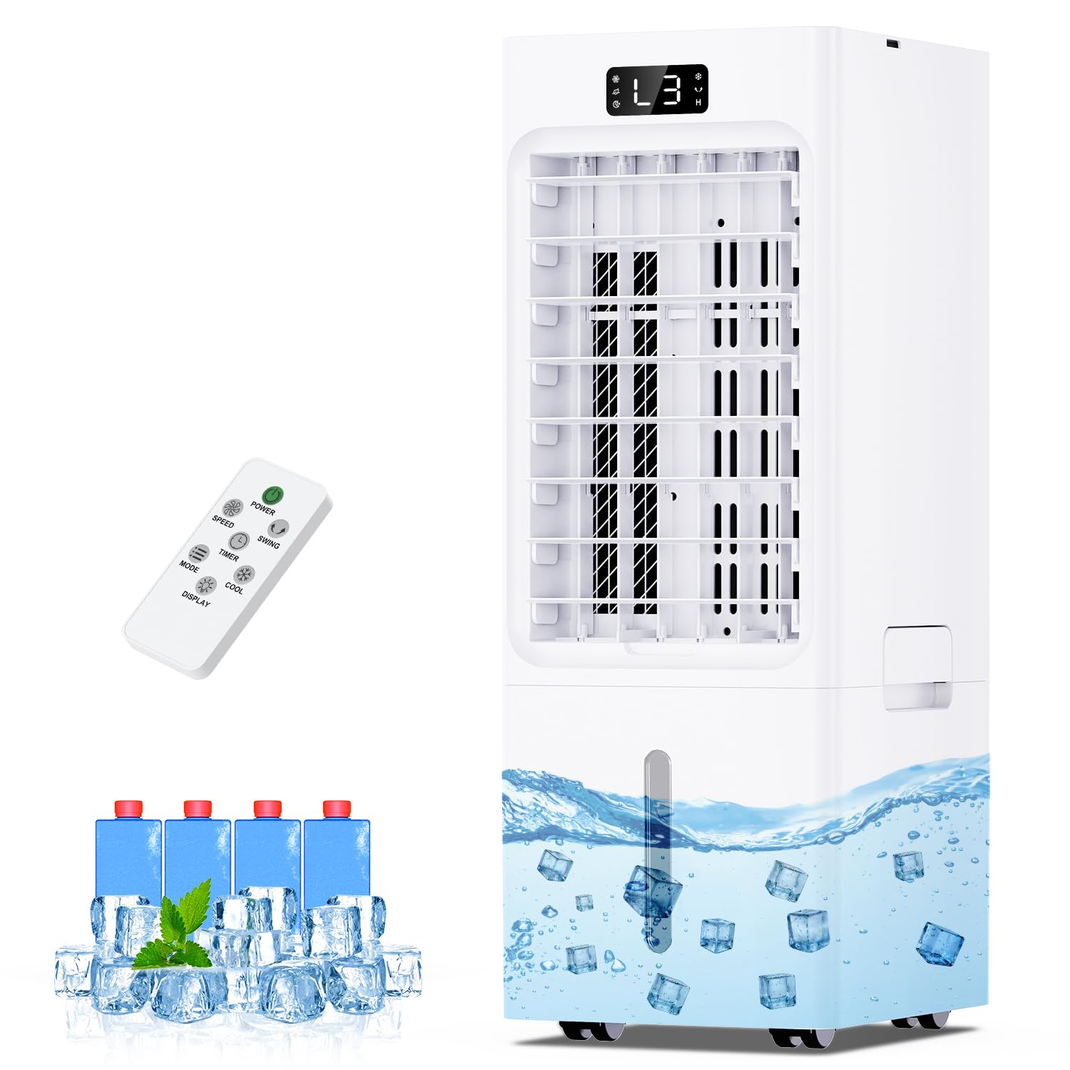 Condizionatore Portatile, 3 in 1 Raffrescatore Evaporativo, 6L Raffrescatore d'aria, 3 Velocità 4 Modalità, 4 Impacchi di Ghiaccio, Timer 1-12 ore, Telecomando, Silenzioso per Casa Ufficio