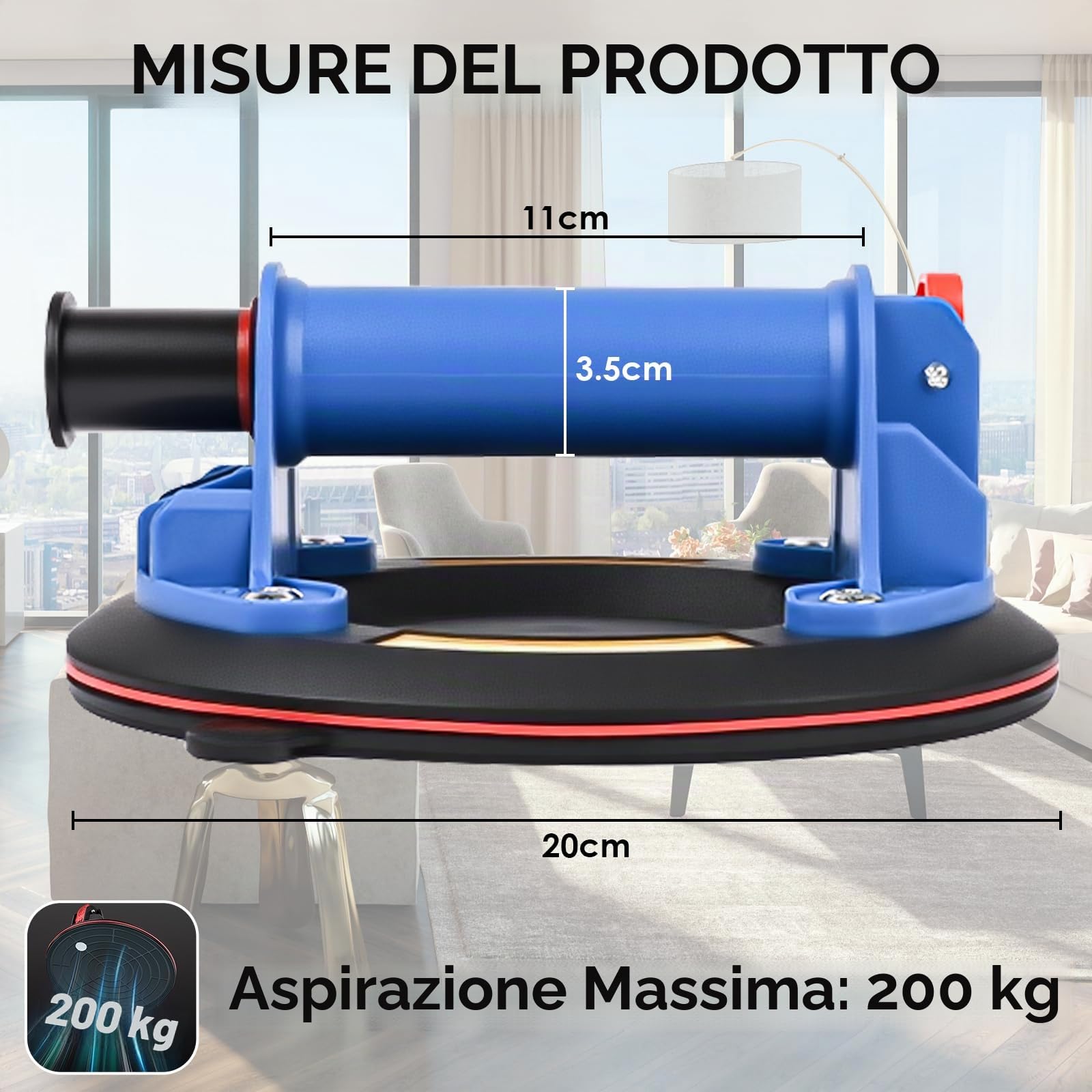 2 Pezzi 8" Ventosa per Piastrelle, Ventose Capacità di Carico Max. 200 kg, Ventosa con Scatola di Trasporto per Vetro, Piastrelle, Marmo, Blu