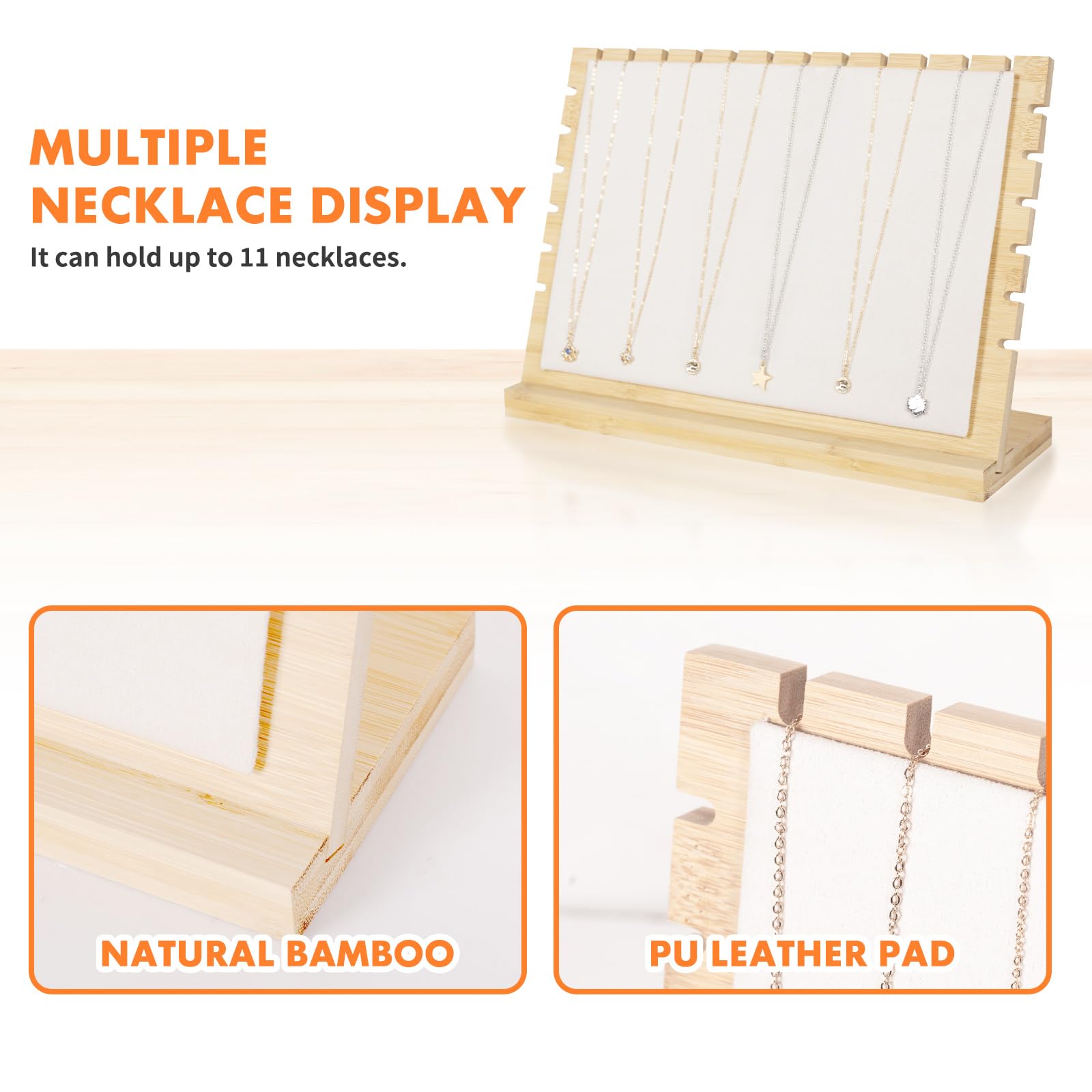 PowerKing Bamboo Necklace Display Stand - Chain Jewelry Rack Organizer, Eco-Friendly Jewelry Holder Tabletop Jewelry Rack Showcases for Home and Shop Use (Beige Velvet)