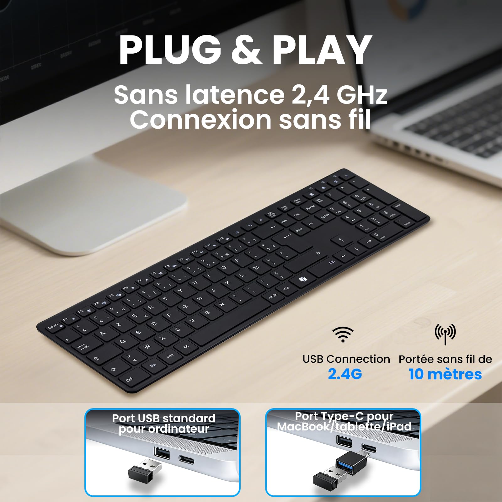 INFINMIND Clavier Sans Fil AZERTY, Ultra-Mince Clavier Silencieux Sans Fil avec 2,4 G USB Récepteur /Type-C,19 Raccourcis Multimédia Numérique Pavé Longue Batterie Autonomie pour Desktop,MAC,Windows