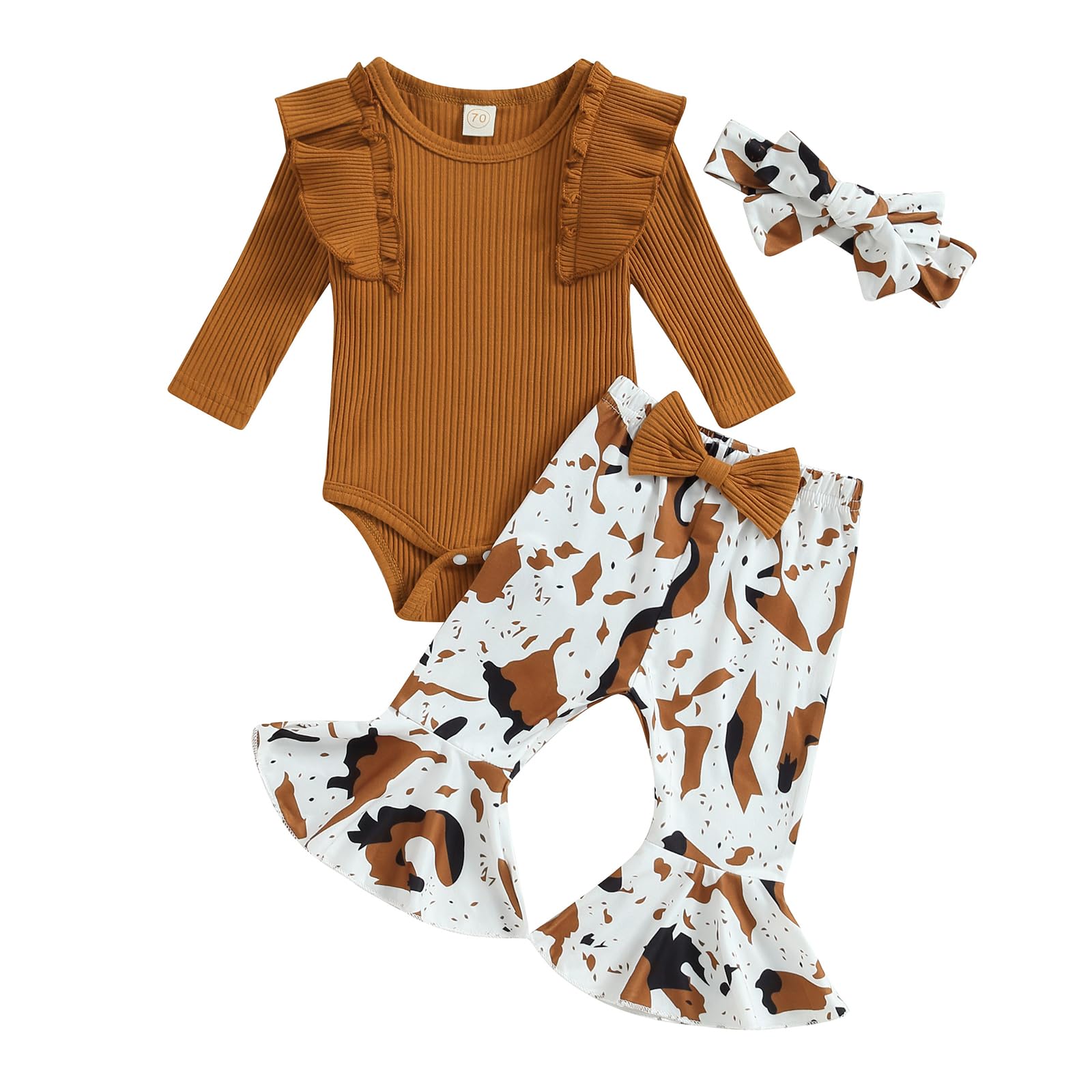 Newborn Baby Girl Clothes Fall Winter Outfit Bell Bottoms Set Ribbed Ruffles Long Sleeve Romper + Print Flare Pants + Headband (Caramel, 12-18 Months)