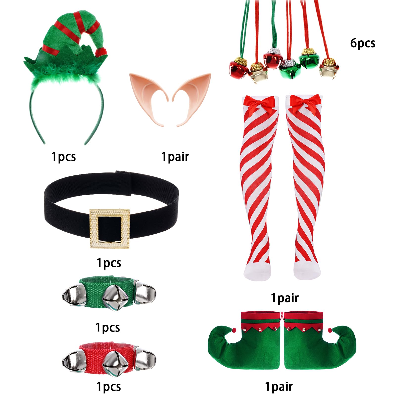 Ishua 13pcs Women Christmas Elf Costume Set - Adult Clothes With Ears, Striped Socks, and Accessories