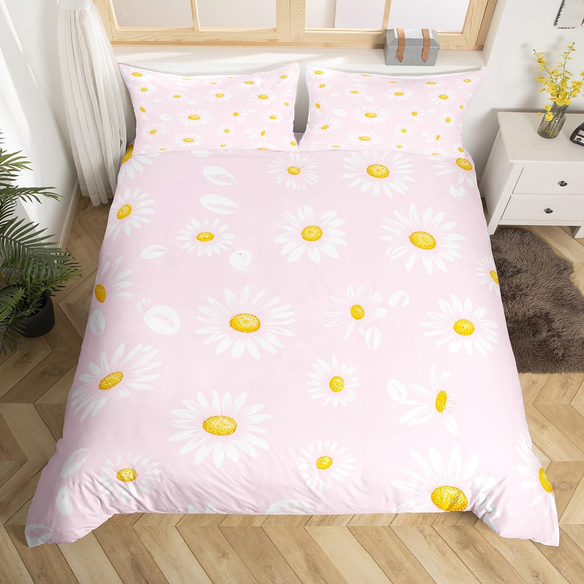 Parure de lit marguerites rustique rose avec housse de couette fleurie pour fille et adulte