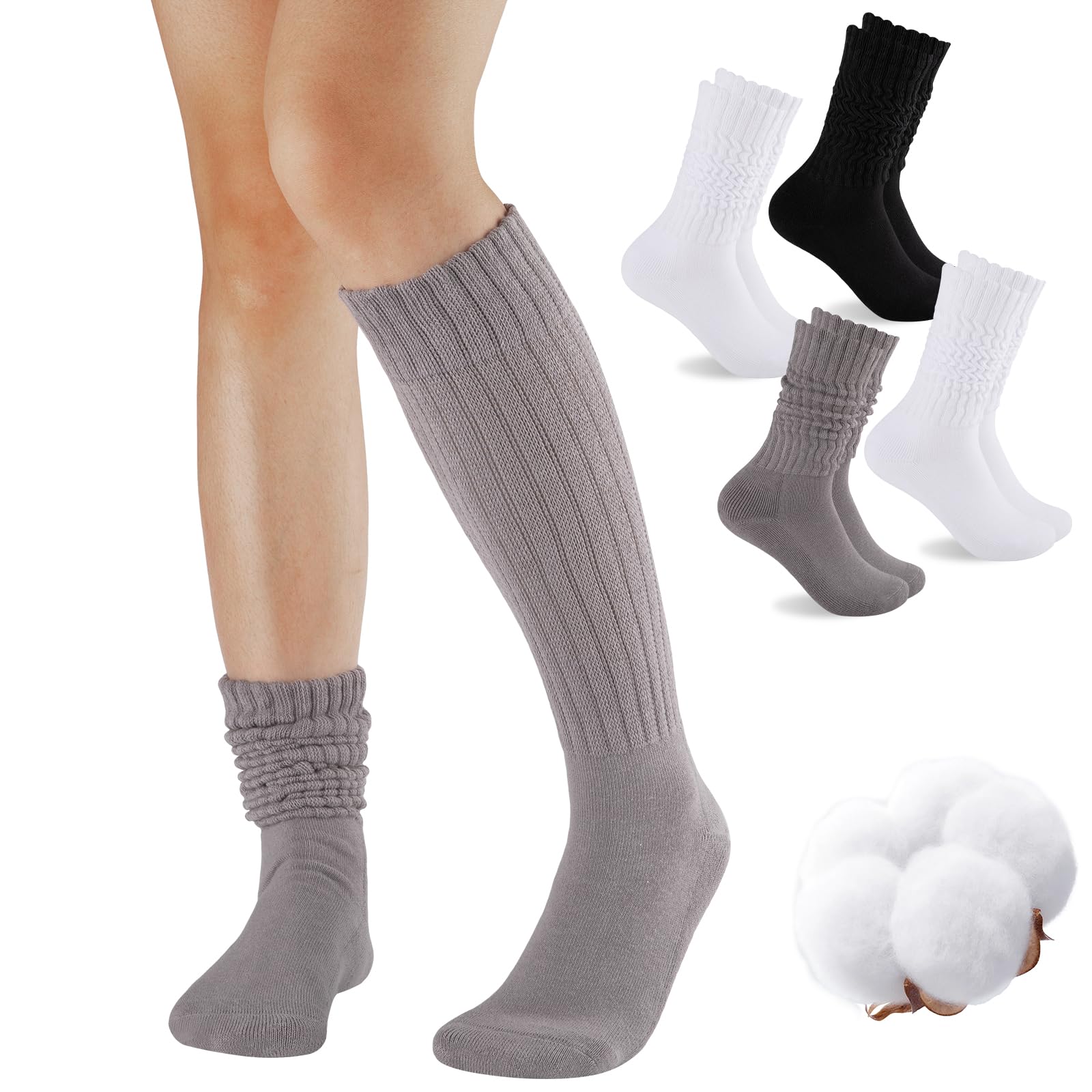 COOVAN Slouch Socks Women 4 Pairs Knee High Scrunch Cotton Soft Knit Cushion Extra Long Socks