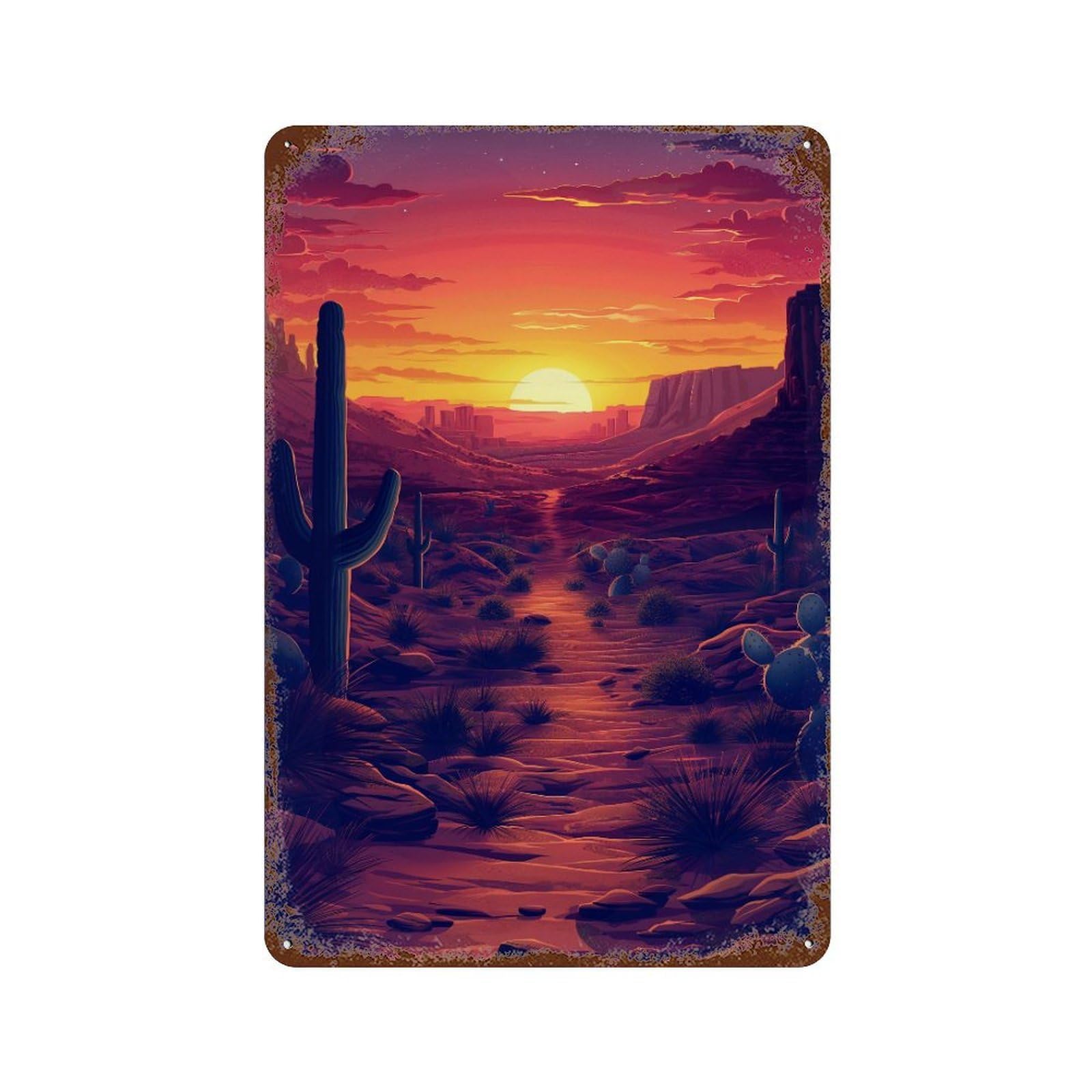 Desert Sunset Landscape Rust Effect Tin Sign 11.8"x7.9", Vintage Wall Decor for Garage, Pub Or Kitchen