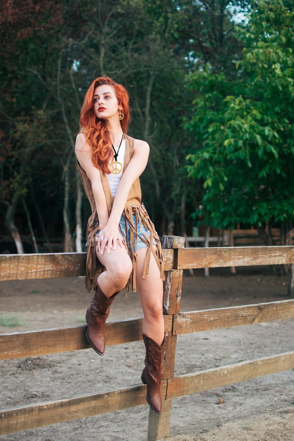 CICOCI 70s Outfits For Women 60s Hippie Costume Cowgirl Pink Fringe Vest Boho Tassel Sleeveless Peace Accessories - Image 2