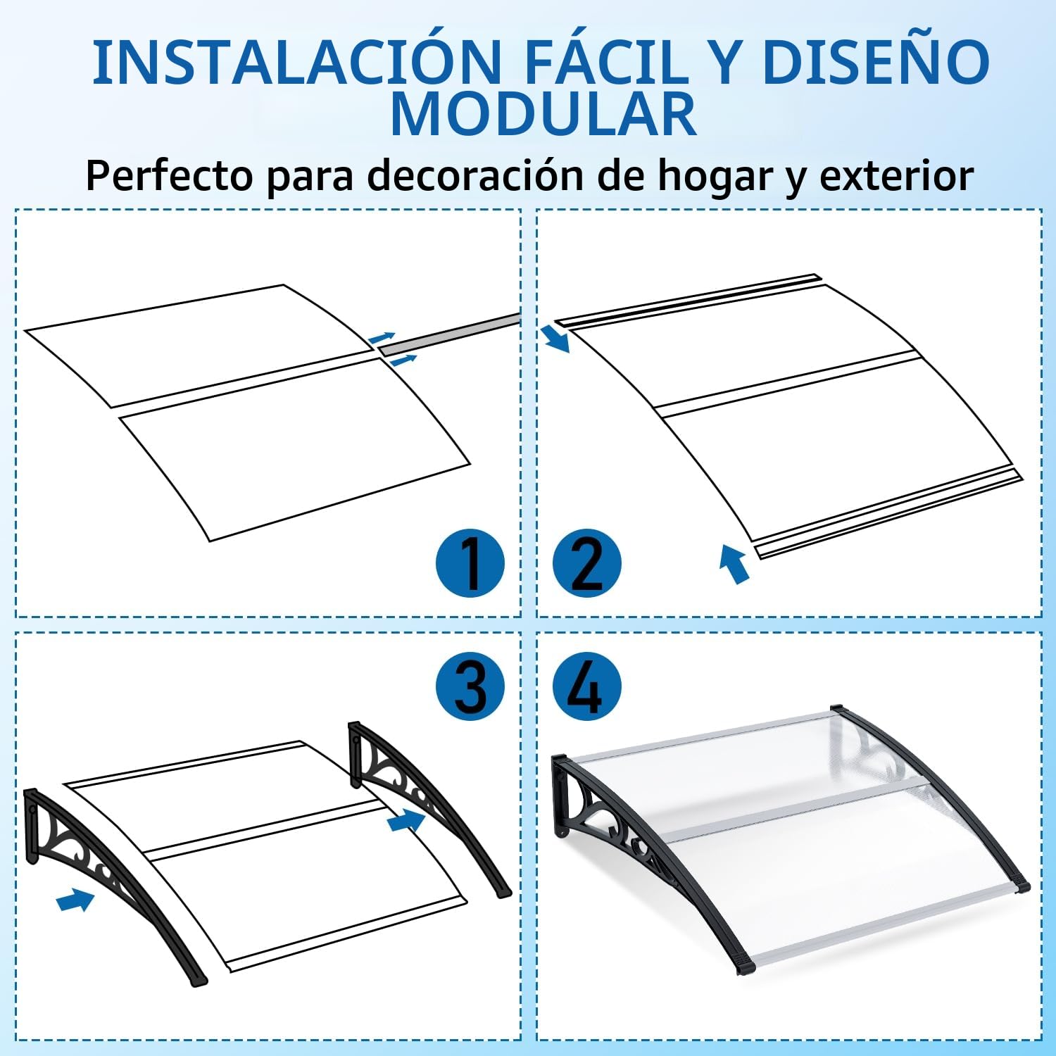 Sonnewelt Marquesina para Puerta de Entrada 100x120 cm, Techo de Policarbonato Hueco 5 mm con Estructura de ABS, Arco Transparente Inclinado, Protección Exterior contra la Lluvia y el Sol