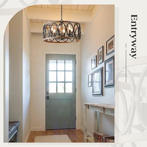 Miniatura 7 de Lámpara de araña antigua de granja para comedor, isla de cocina, 6 lámparas colgantes de tambor, lámparas colgantes redondas de metal negro y