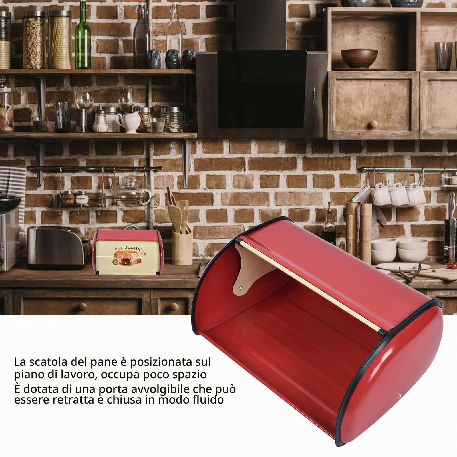Portapane, portapane in metallo di grande capacità per piano di lavoro da cucina per panetteria(rosso)
